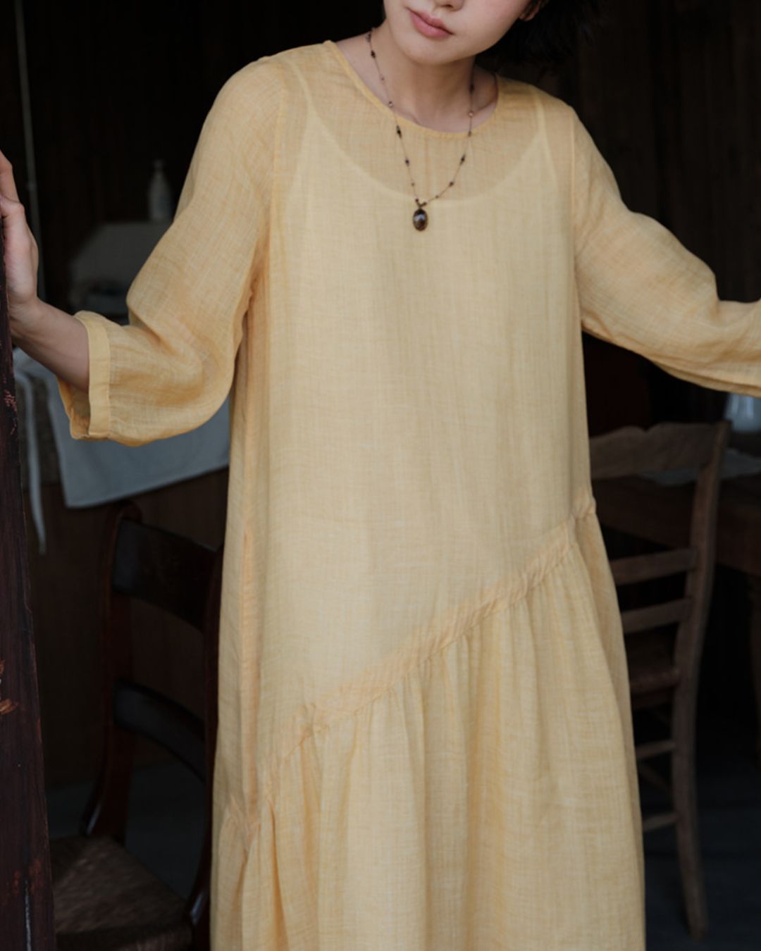 Ramie Drawstring A-Line Dress　OP005