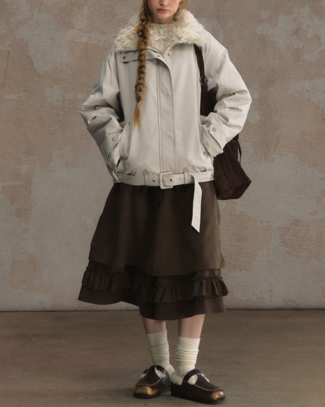 Belted Fur-lined Twill Jacket　JK064