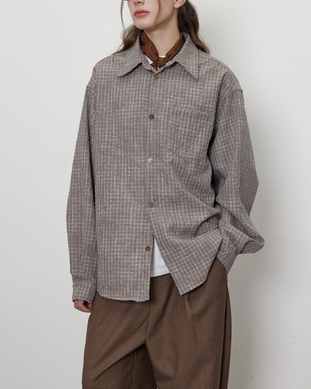 Gradient Button Gray-brown Check Shirt　LS048
