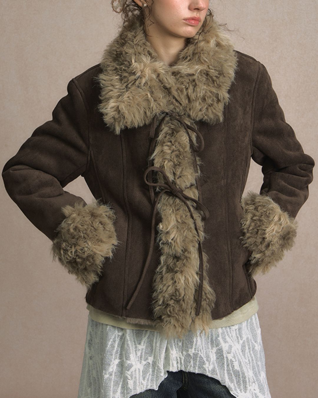 Ribbon-tied Fur Suede Jacket　JK066