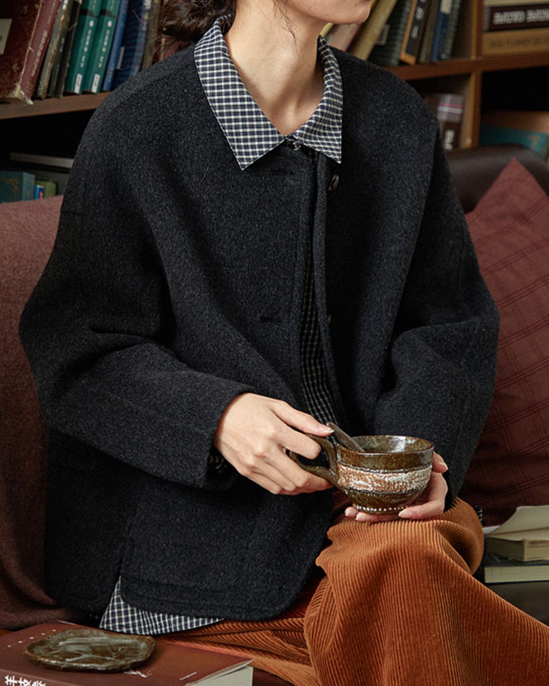 Collarless Relaxed Wool Jacket　JK033