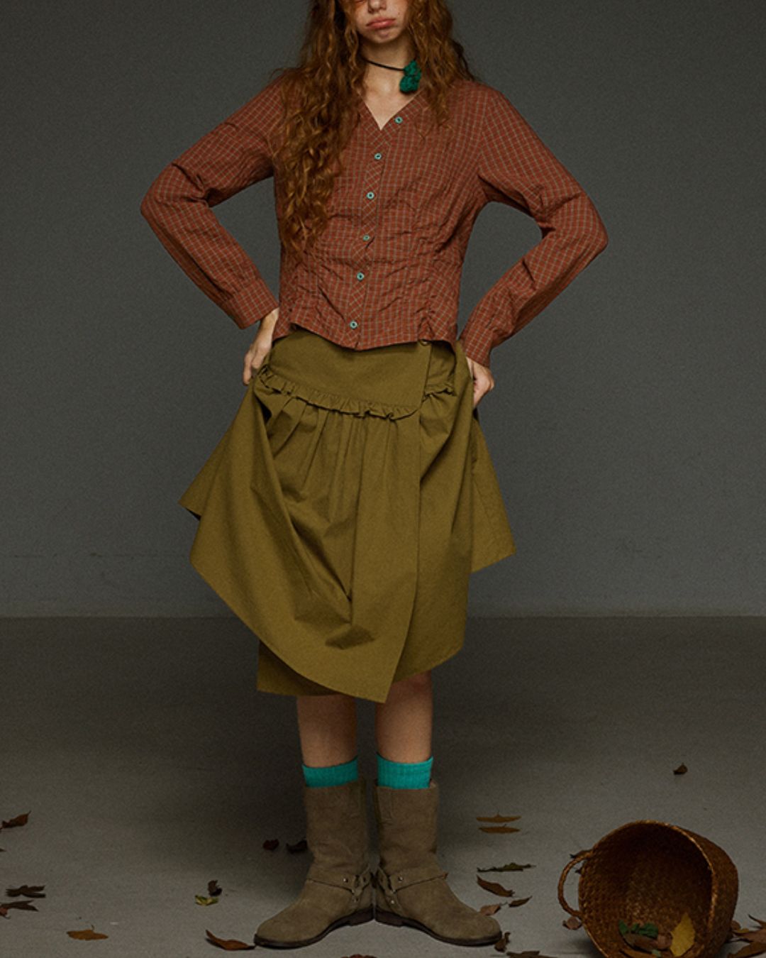 Check V-neck Shirred Shirt　LS028