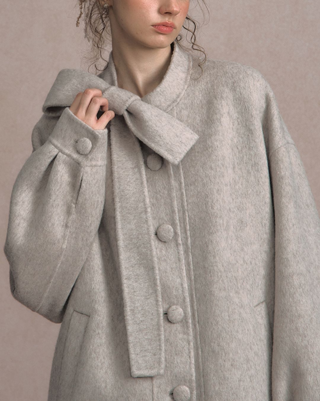 Bow-tied Pleated Cuff Wool Coat　CT026