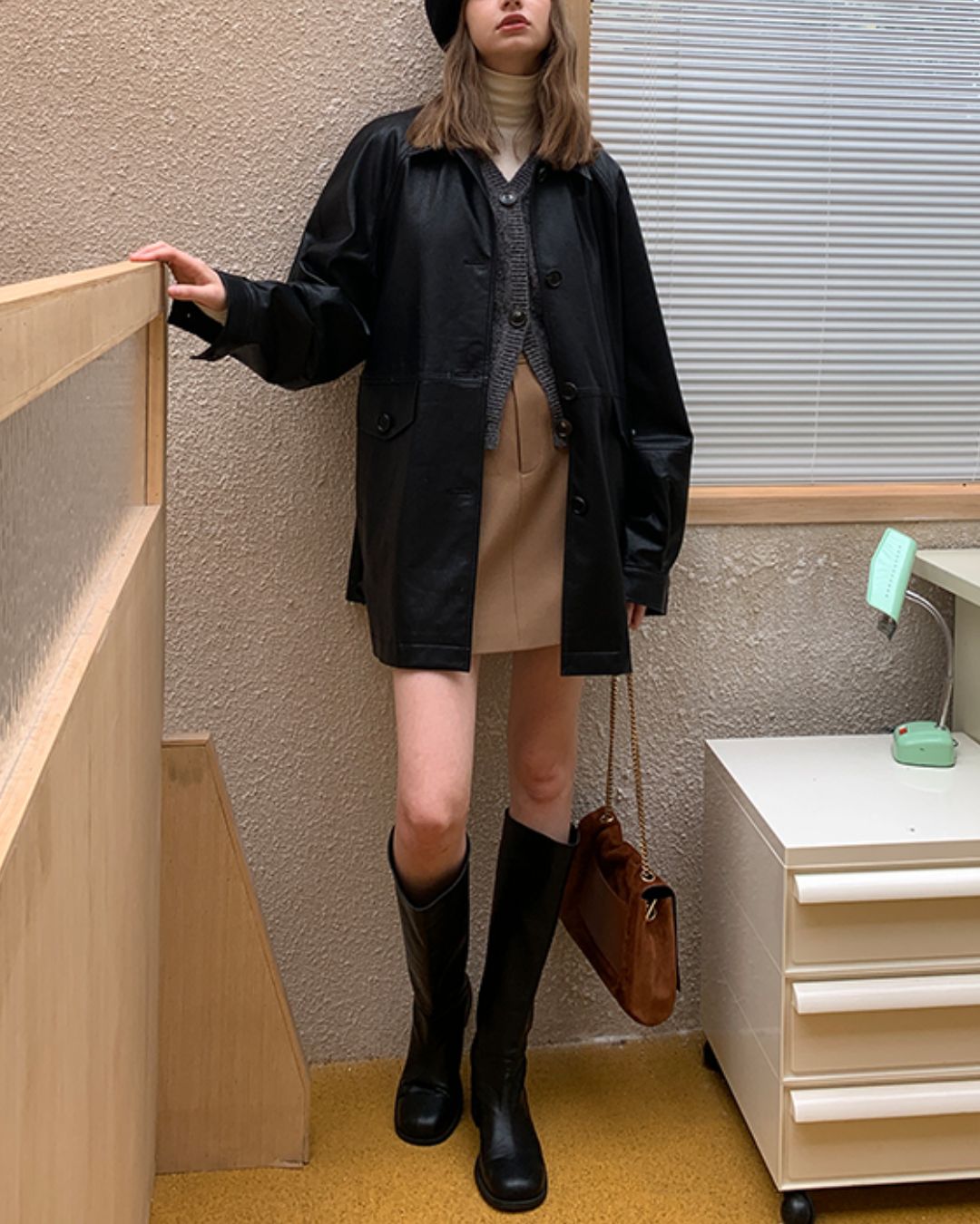 Mid-length Collared Leather Jacket　JK036