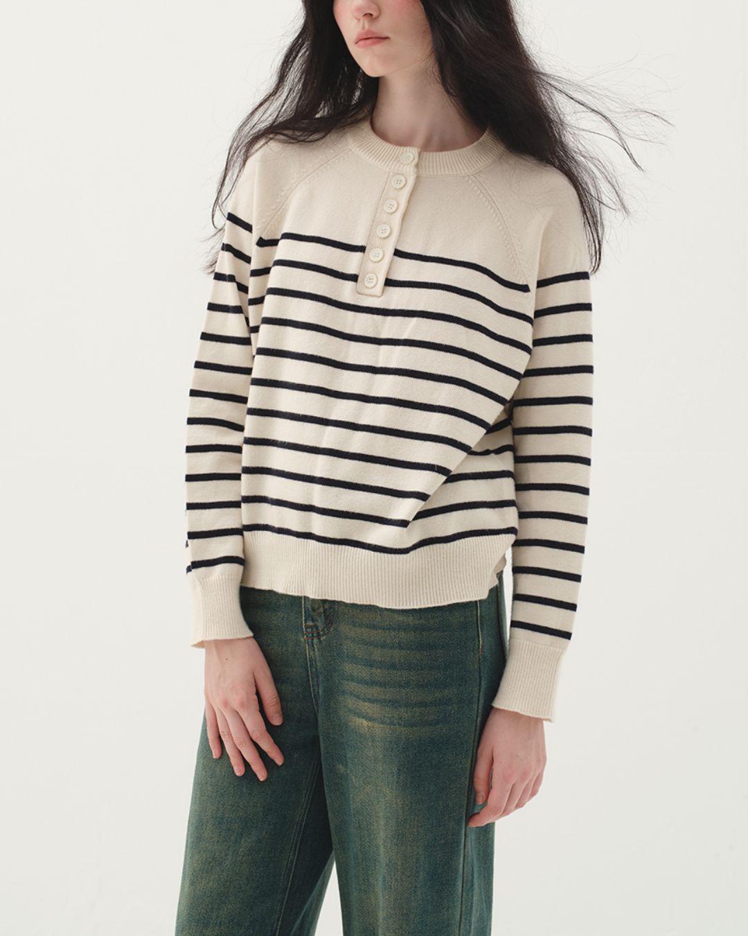 Half-button Border Sweater　KN002