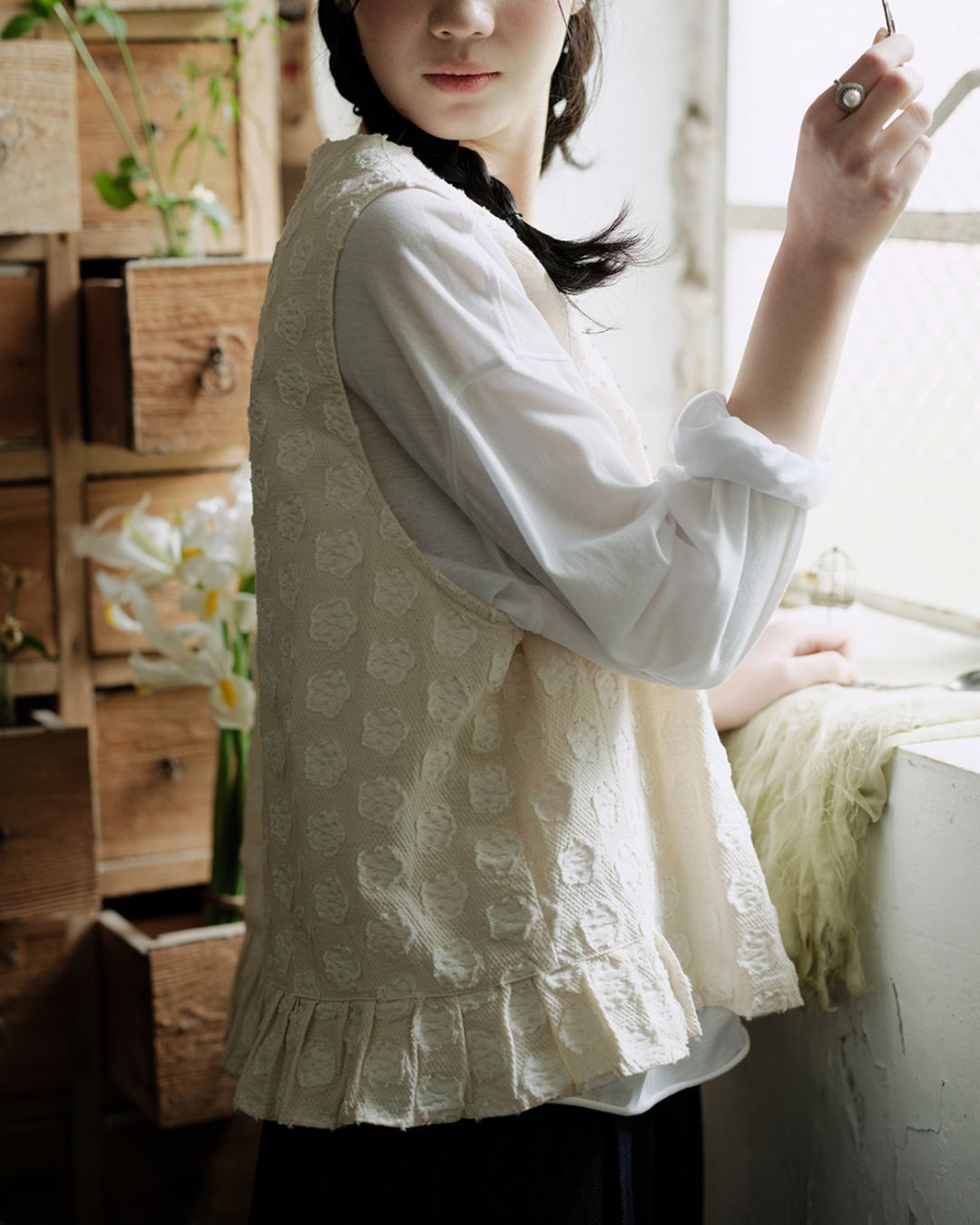 Cotton Linen Jacquard Peplum Vest　VT017