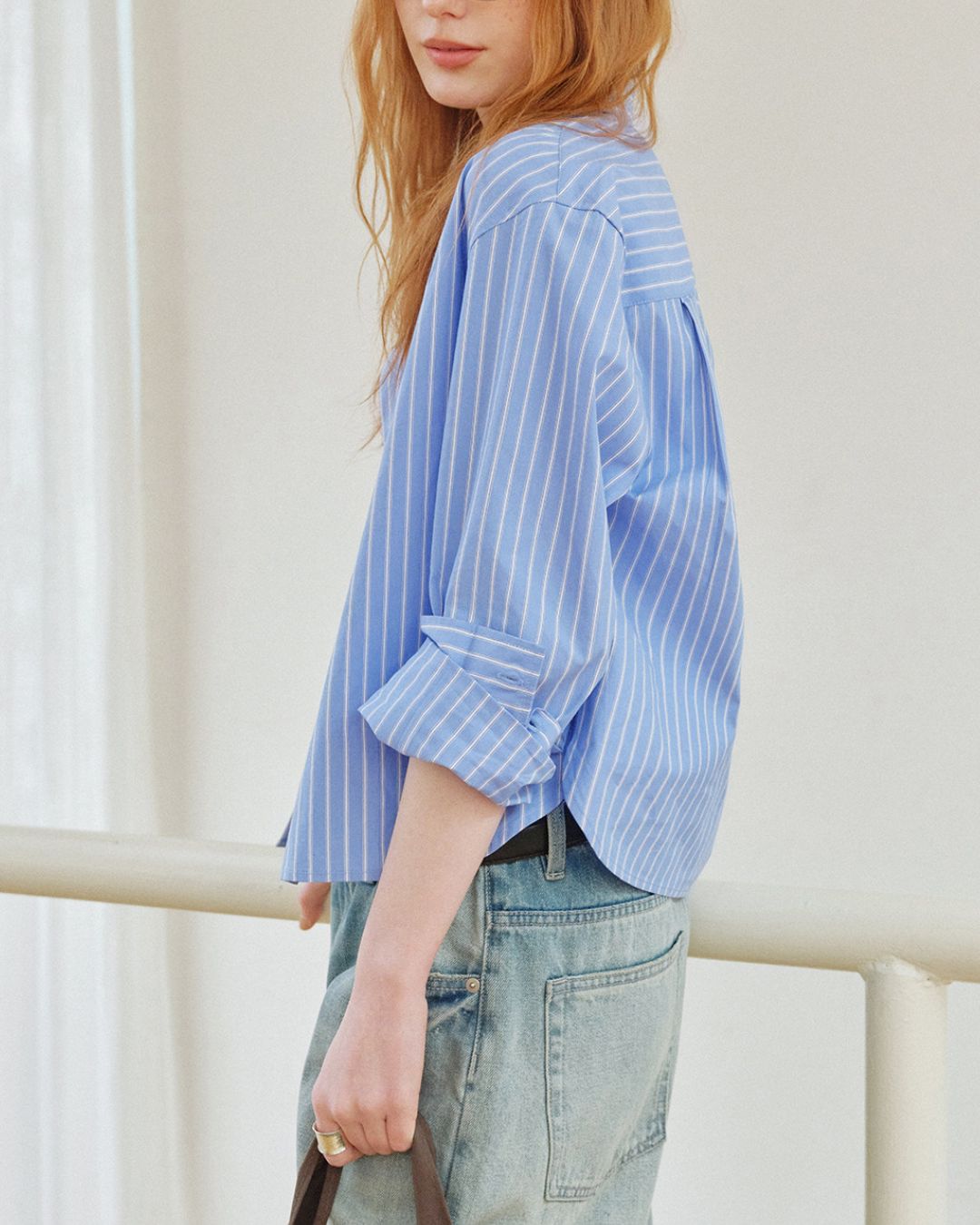 Blue Striped Cropped Shirt　LS052
