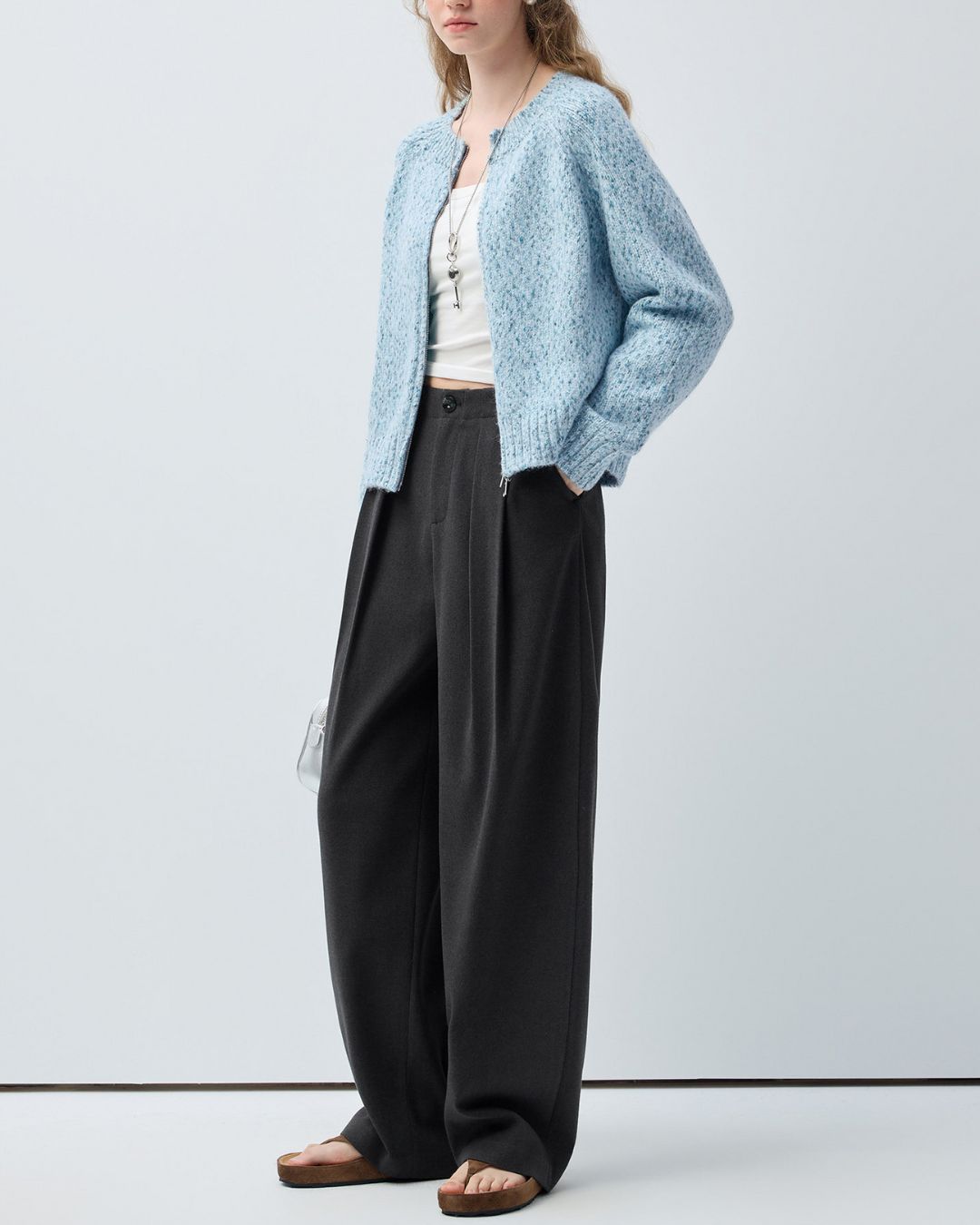 Double-zip Crew Neck Nep Knit Cardigan　KN100