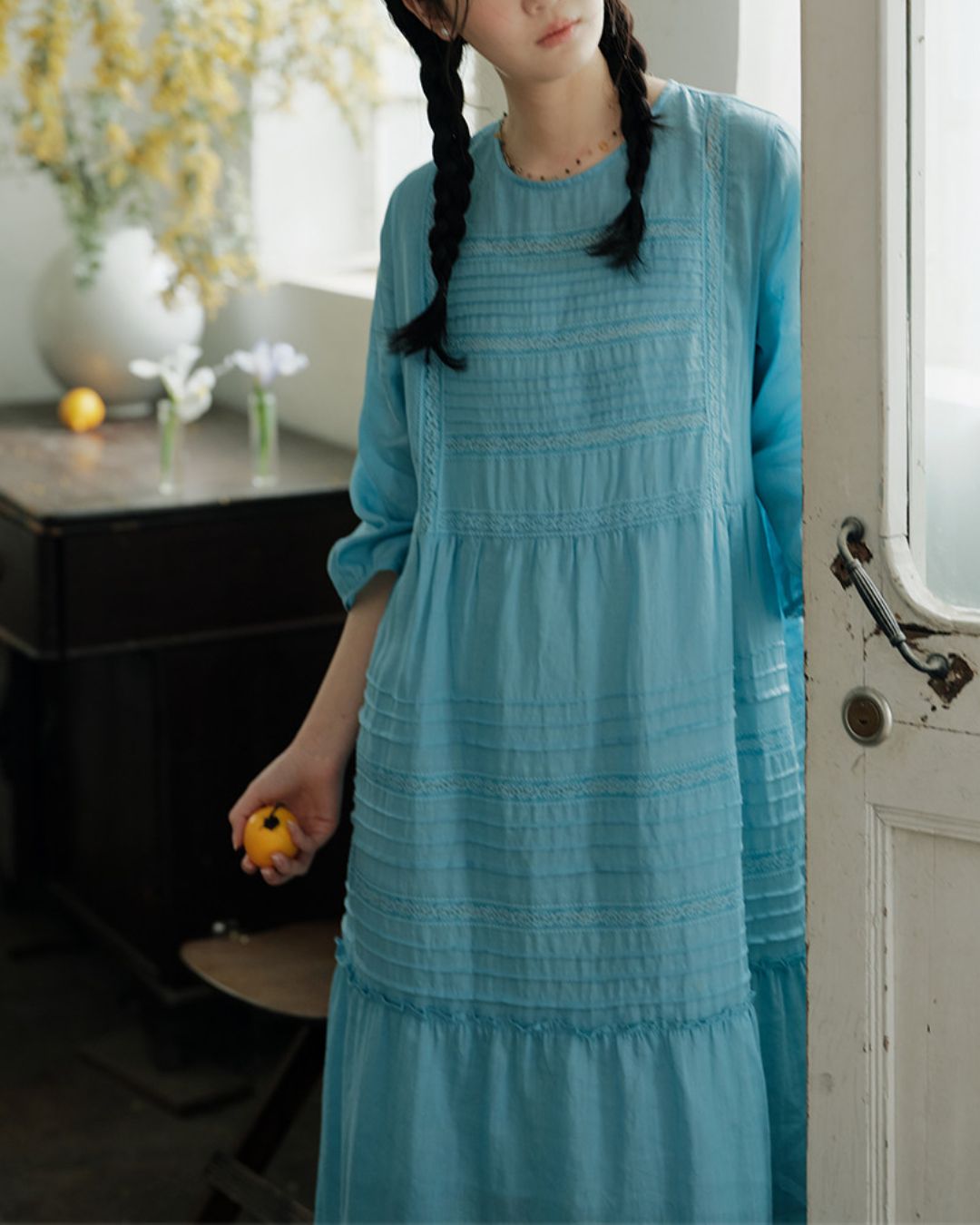 Round Neck 3/4 Sleeve Ramie Dress　OP004