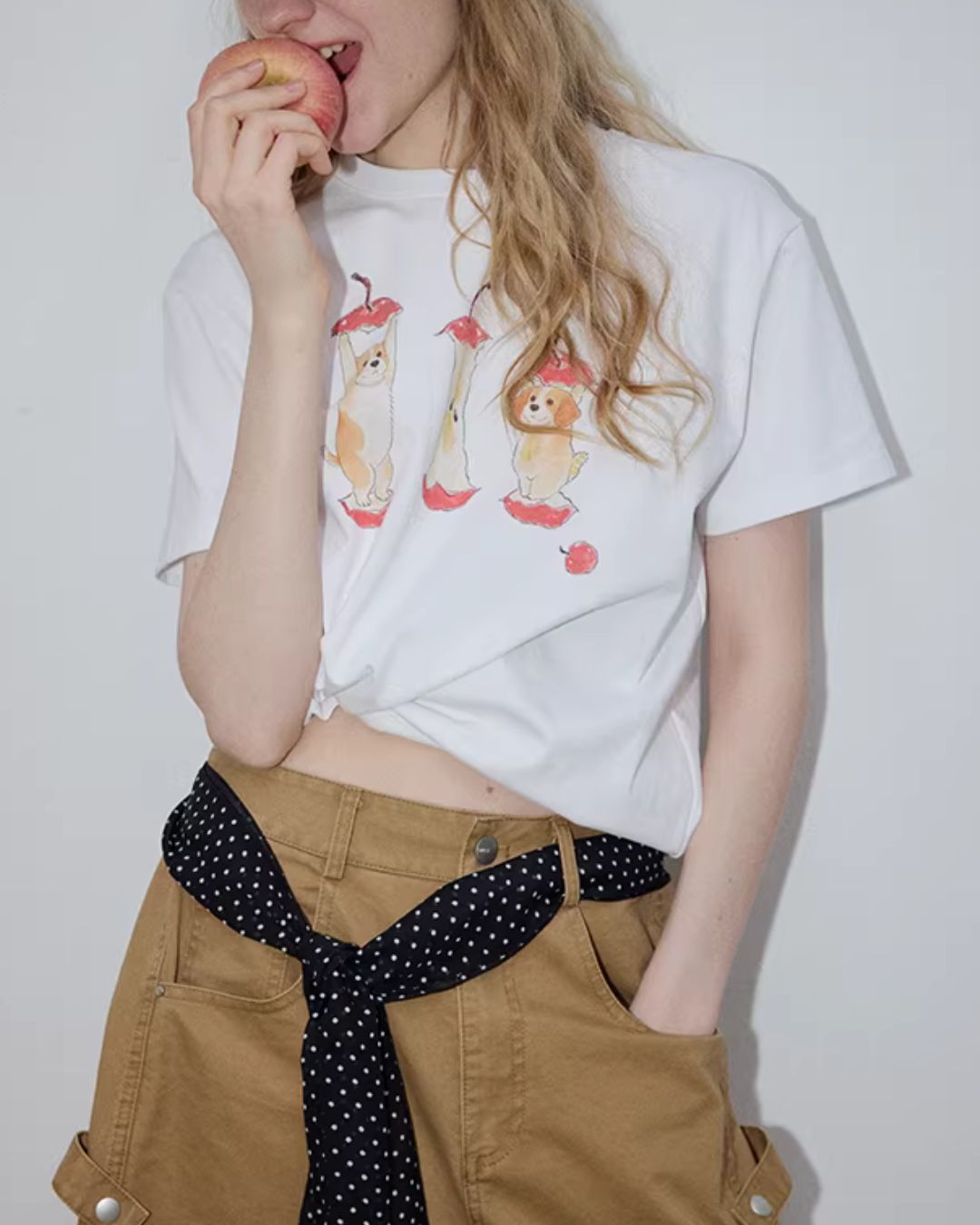 Puppy & Apple Print T-Shirt　ST006