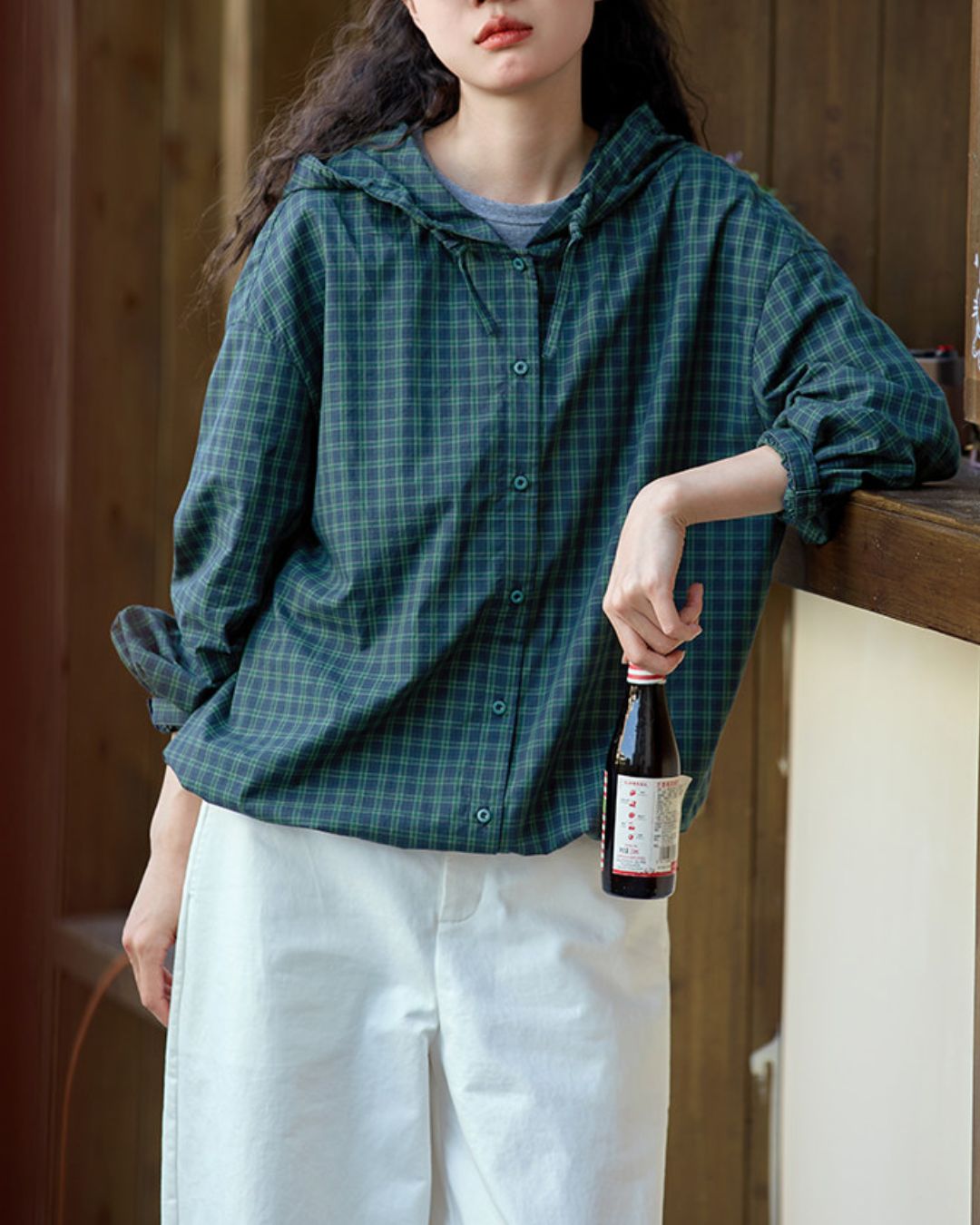 Casual Hooded Checked Shirt　LS053