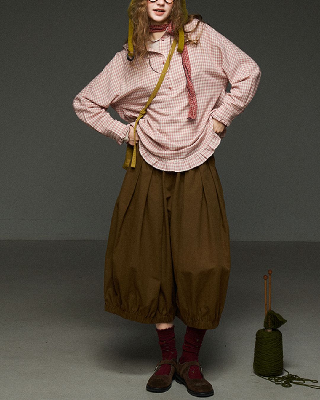 Pink Checked Ruffle Shirt　LS027