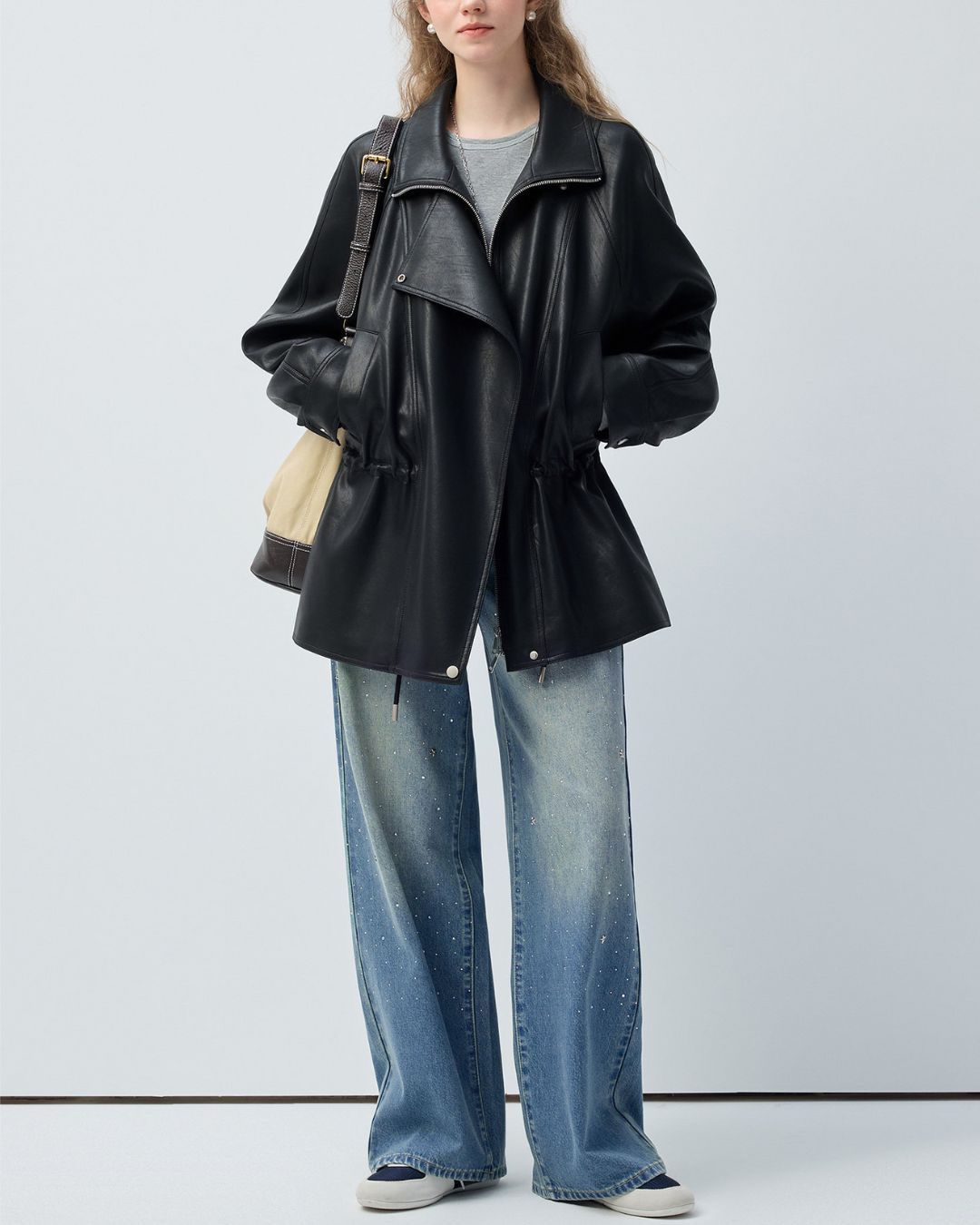 Drawstring Waist Mid-length Leather Jacket　JK086