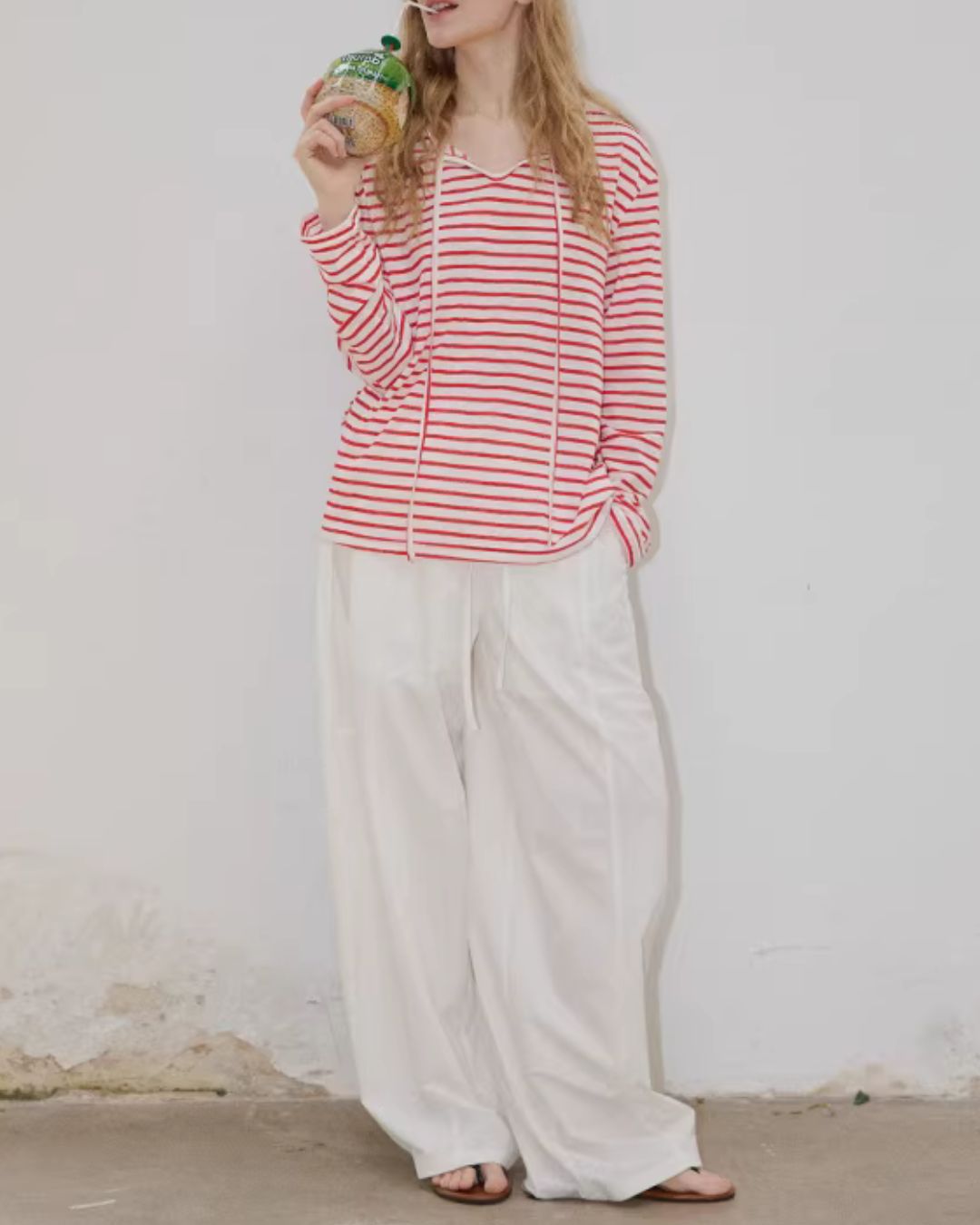 Drawstring V-neck Border T-shirt　LT027