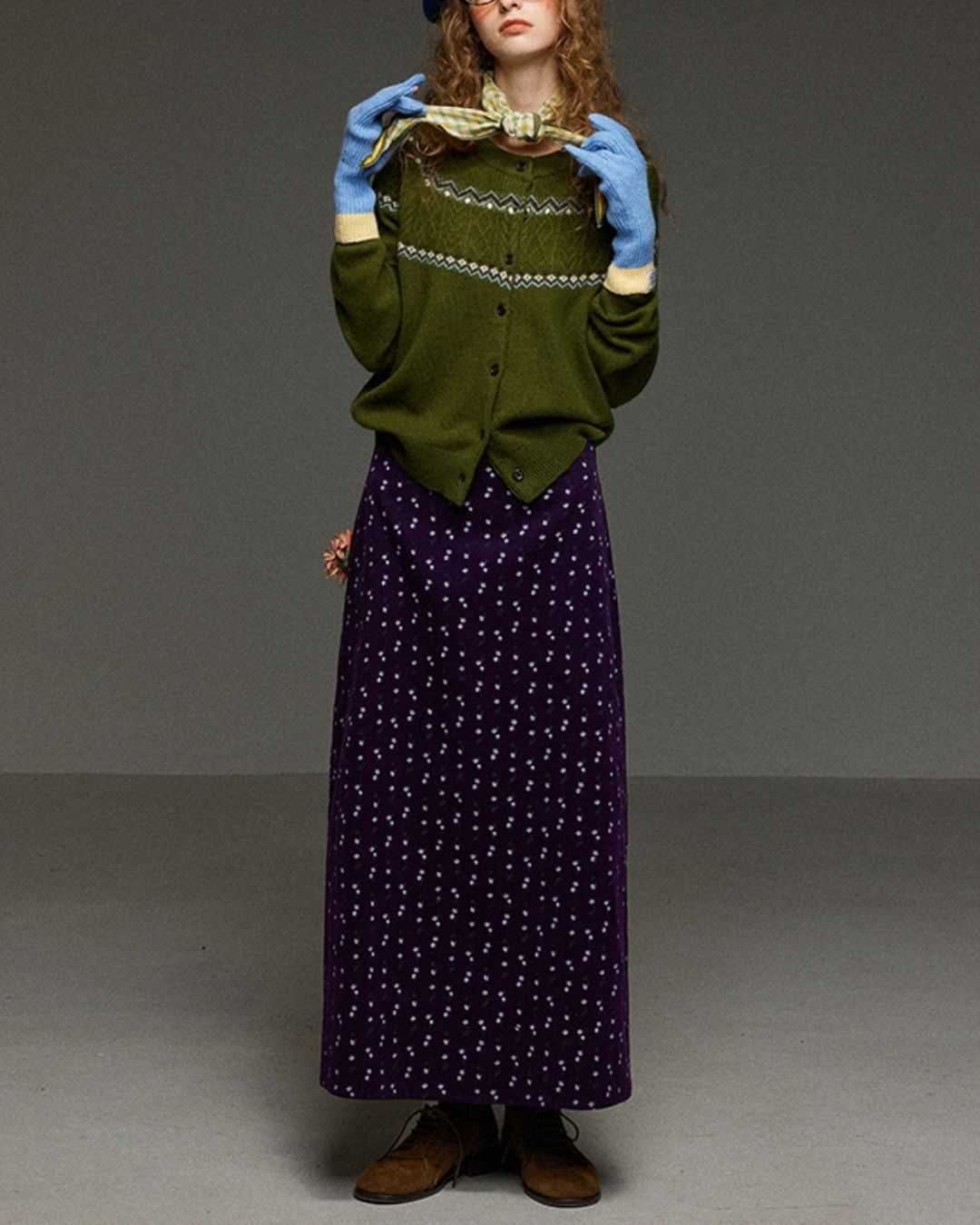 Retro Flower Corduroy Long Skirt　SK013