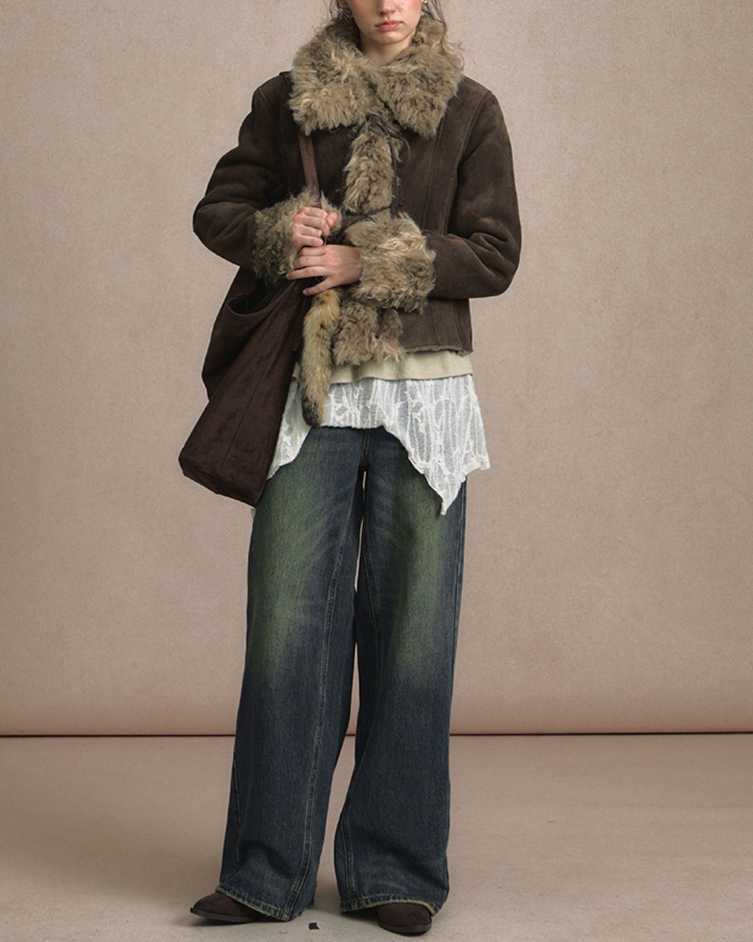 Ribbon-tied Fur Suede Jacket　JK066