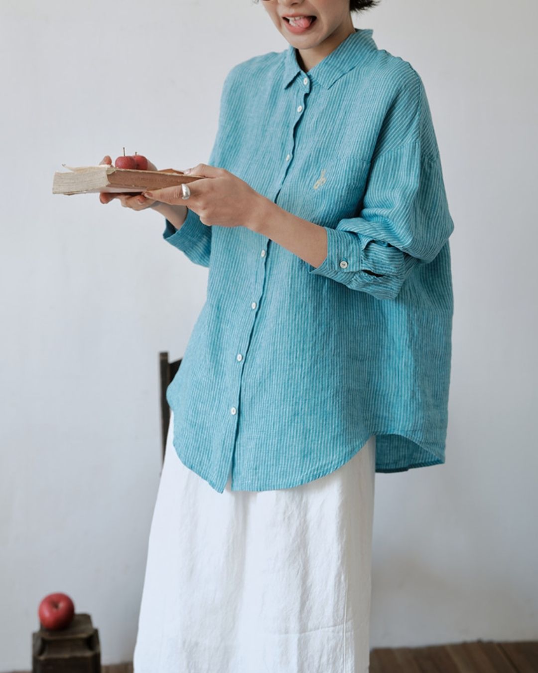 Drop Shoulder Striped Linen Shirt　LS042