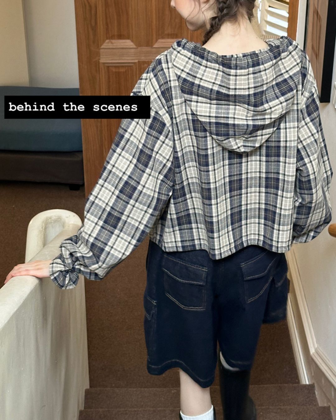 Hooded Drawstring Checked Shirt　LS018