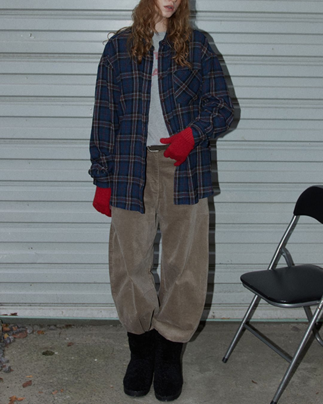 Navy Check Oversized Shirt　LS037