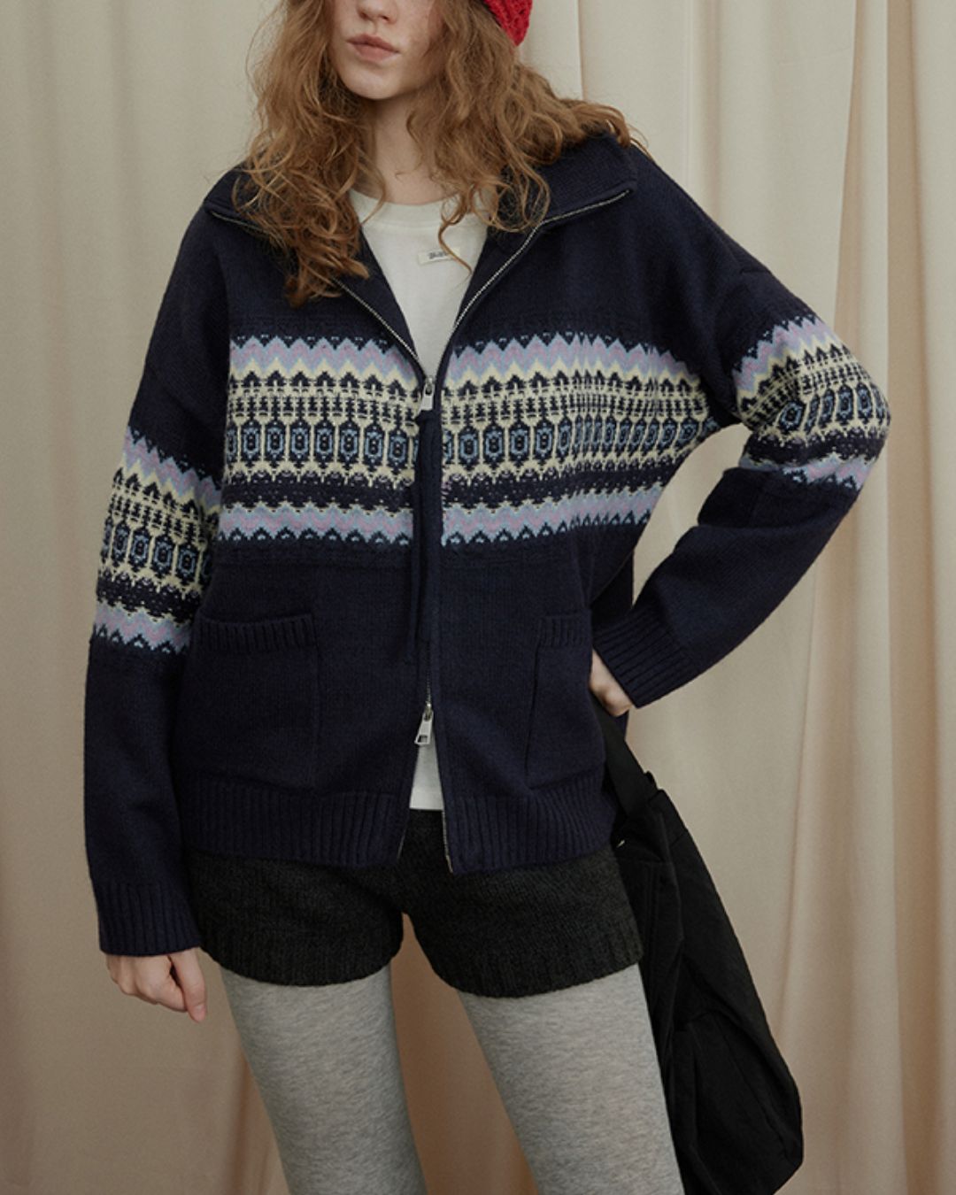 Stand-collar Fair Isle Knit Cardigan　KN049