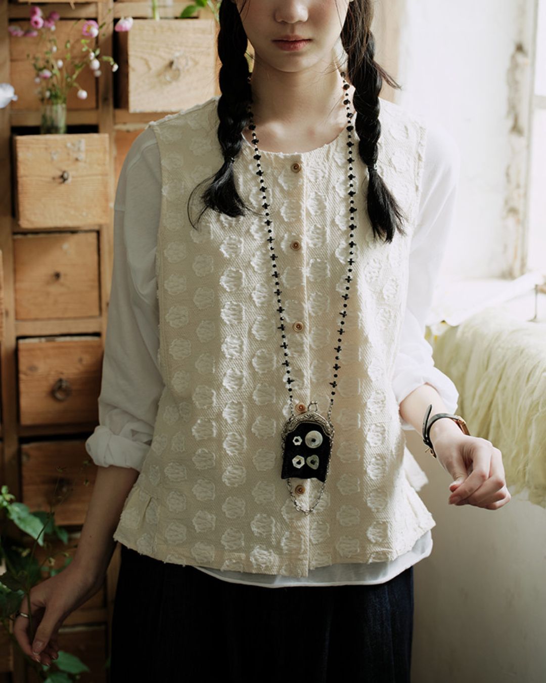 Cotton Linen Jacquard Peplum Vest　VT017
