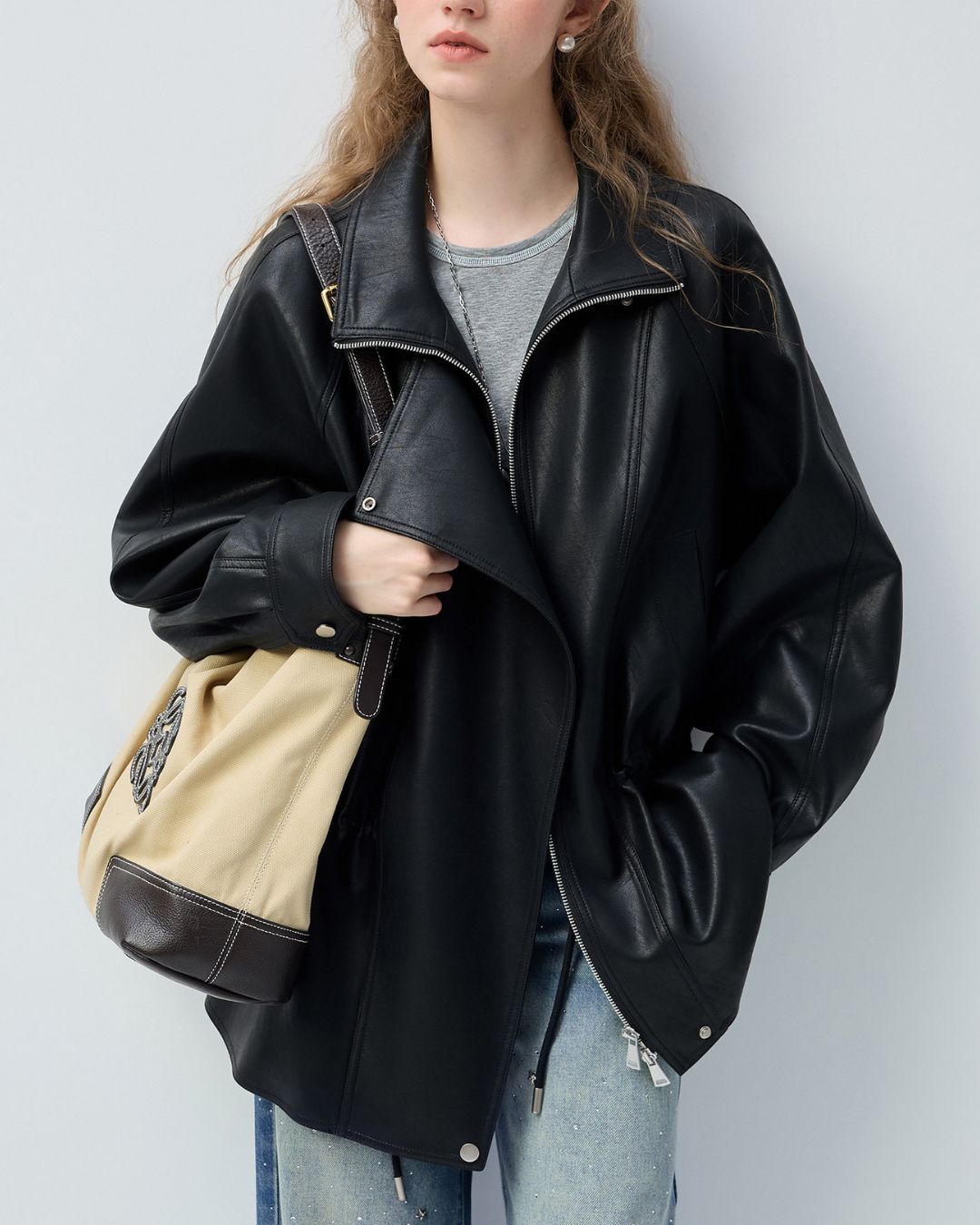 Drawstring Waist Mid-length Leather Jacket　JK086