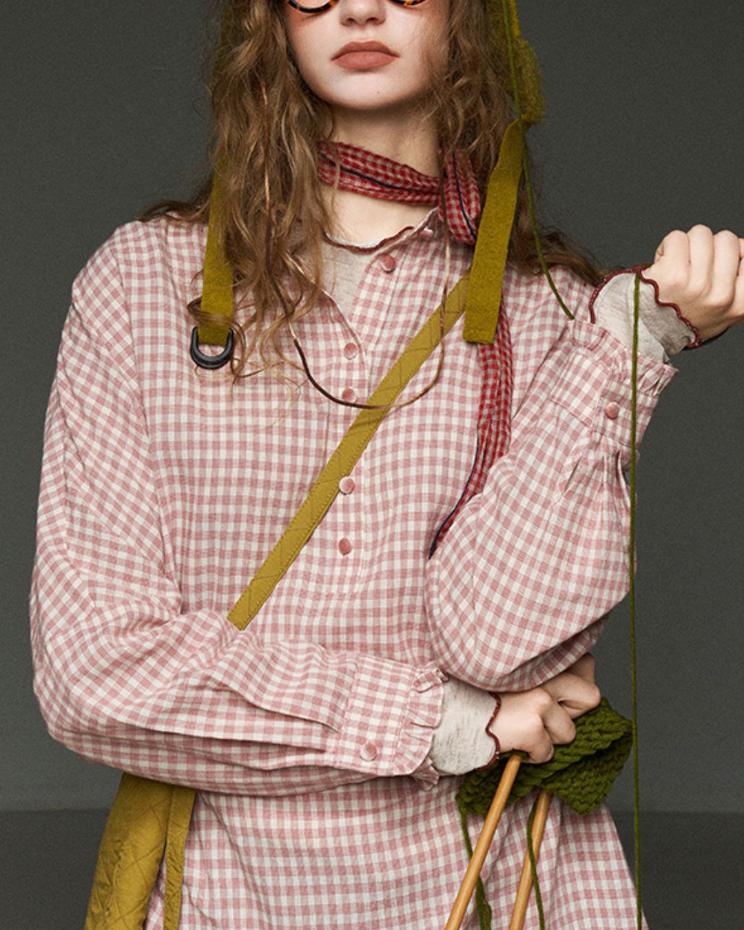 Pink Checked Ruffle Shirt　LS027