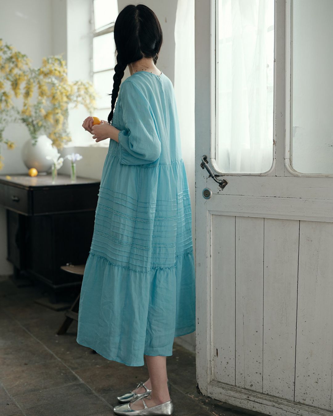 Round Neck 3/4 Sleeve Ramie Dress　OP004