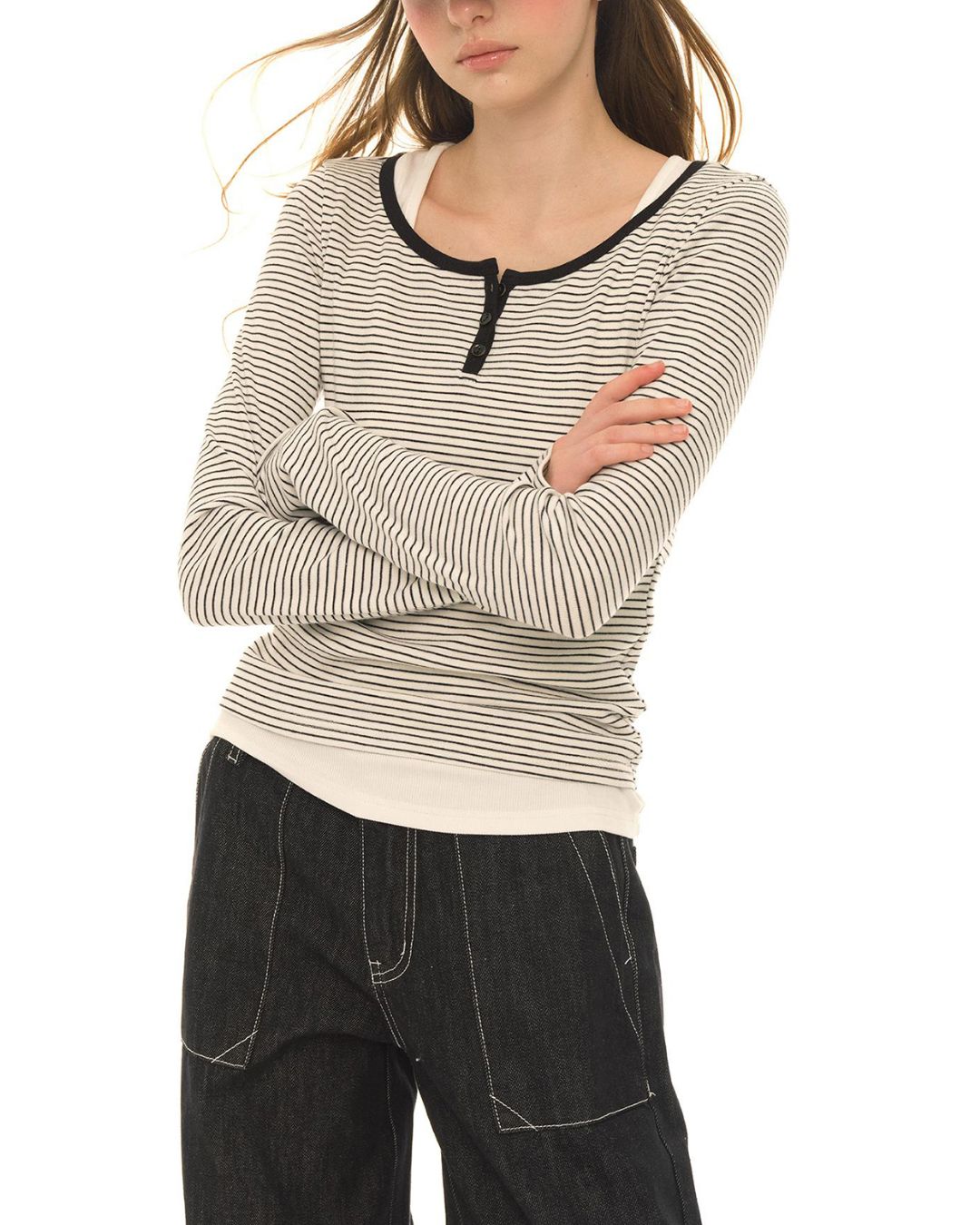 Henley Neck Border T-shirt　LT010