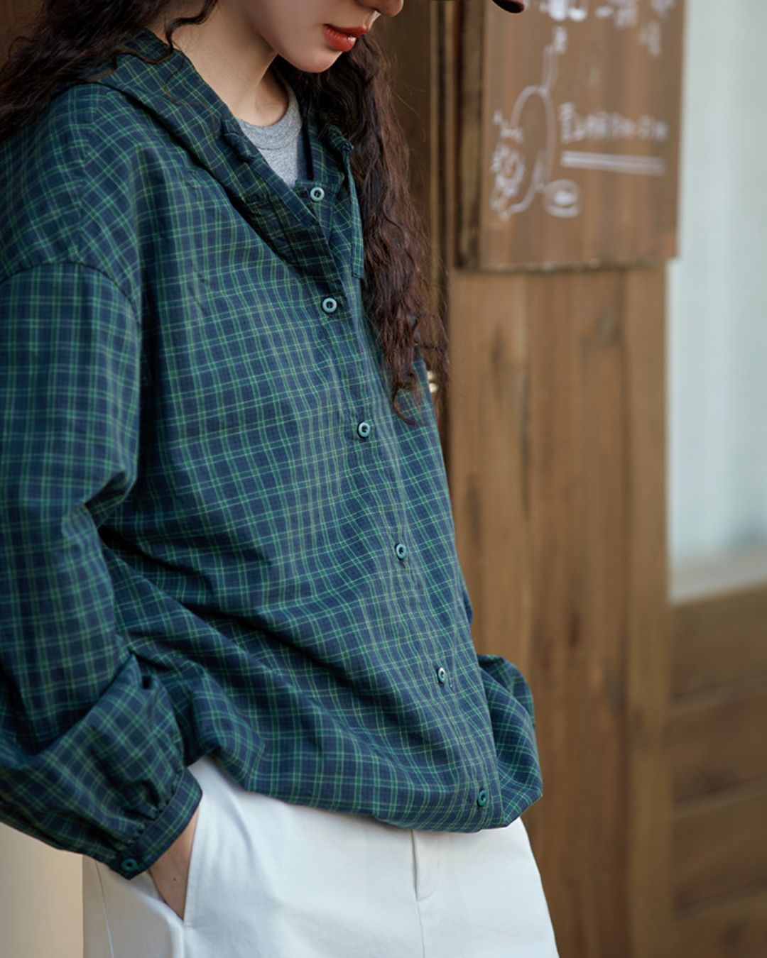 Casual Hooded Checked Shirt　LS053