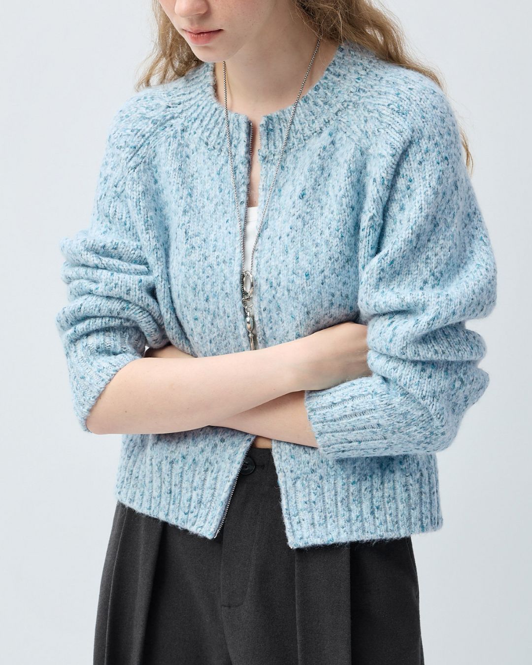 Double-zip Crew Neck Nep Knit Cardigan　KN100