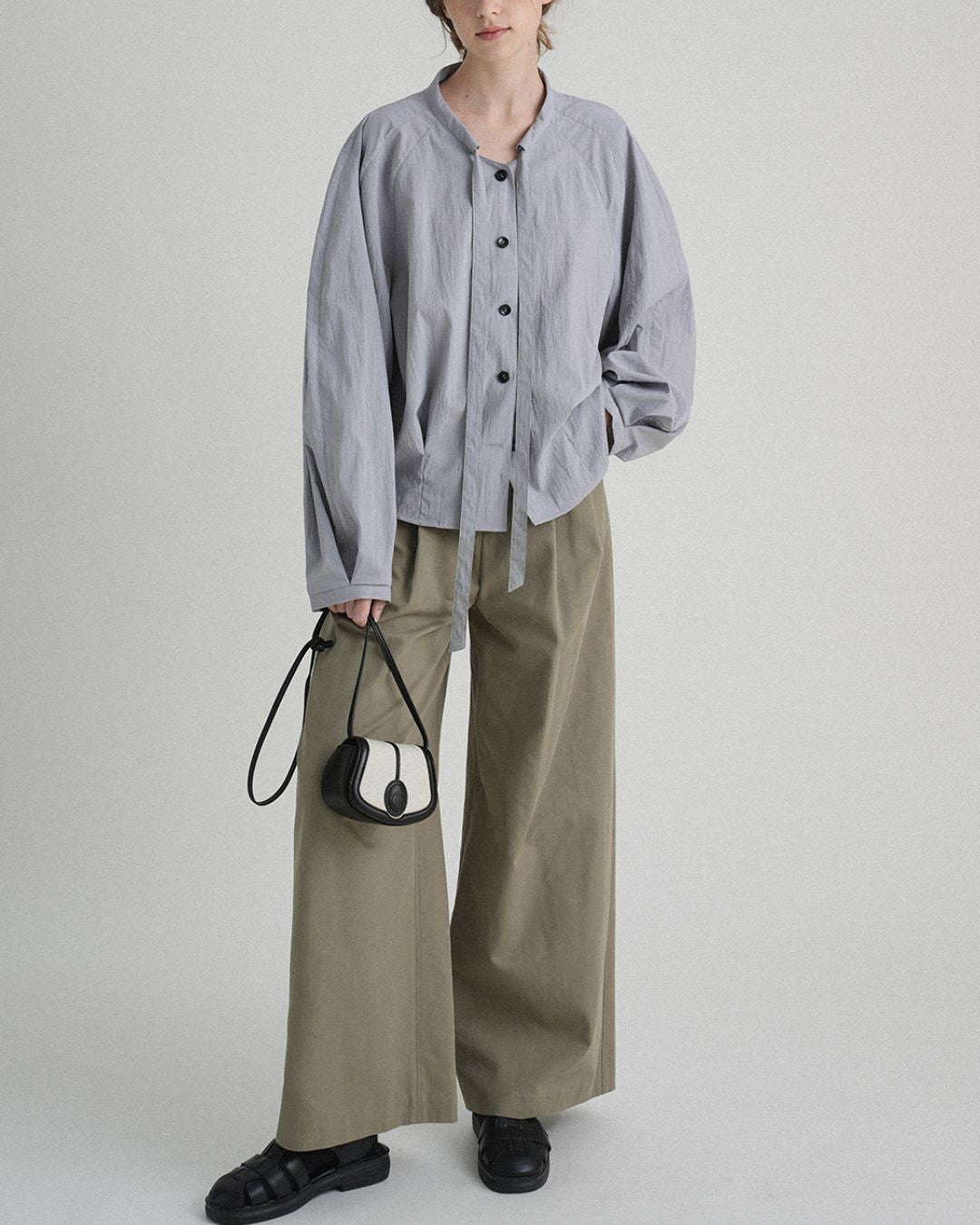 Pleated Raglan Bow Tie Shirt　LS021