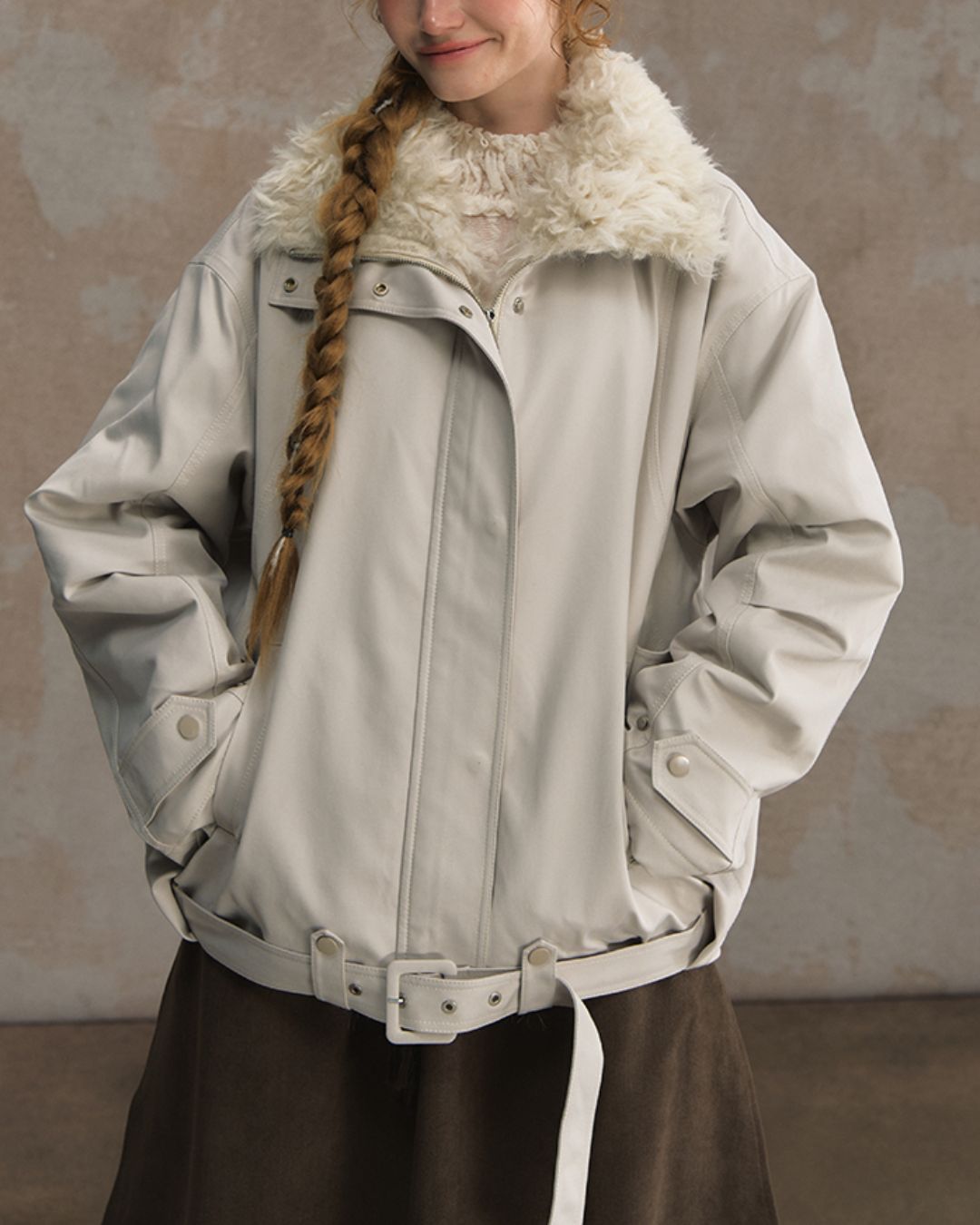 Belted Fur-lined Twill Jacket　JK064