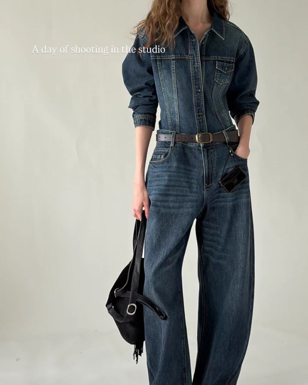 Washed Denim Shirt Jacket & Wide Denim Pants　JK091