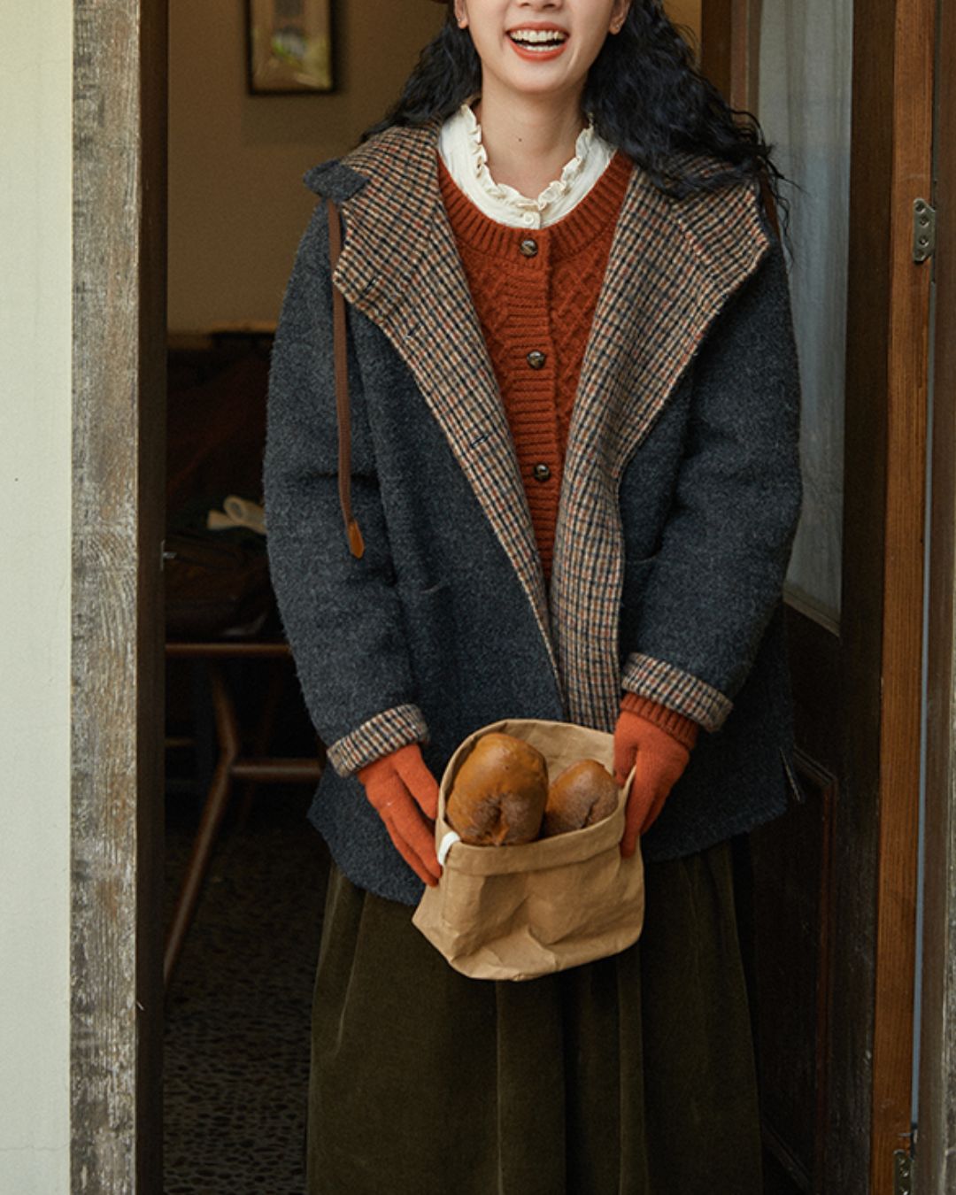 Checked Lined Wool Hooded Coat　CT017