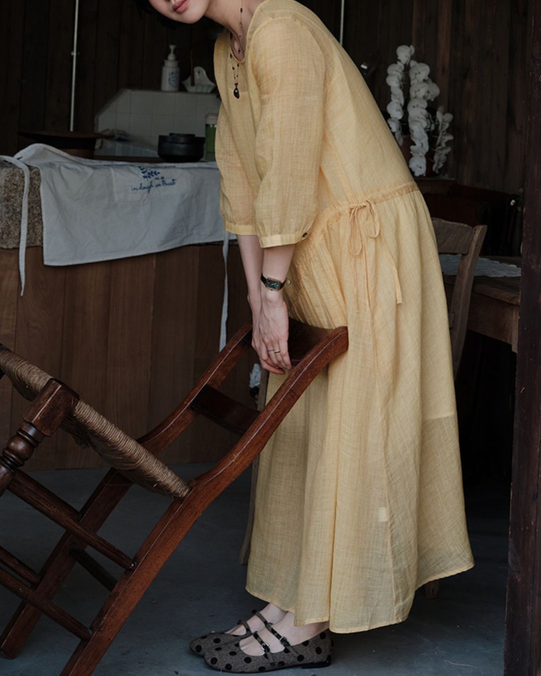Ramie Drawstring A-Line Dress　OP005