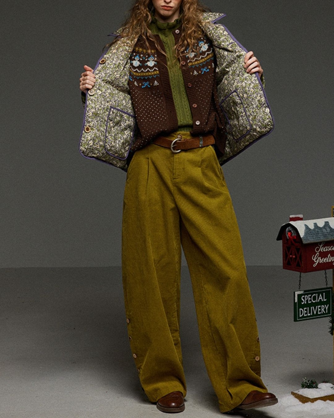 Corduroy Floral  Wide Pants　PT028