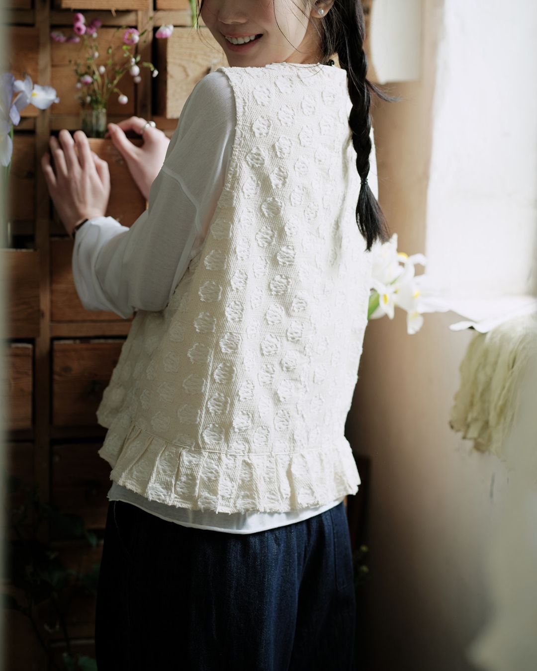 Cotton Linen Jacquard Peplum Vest　VT017