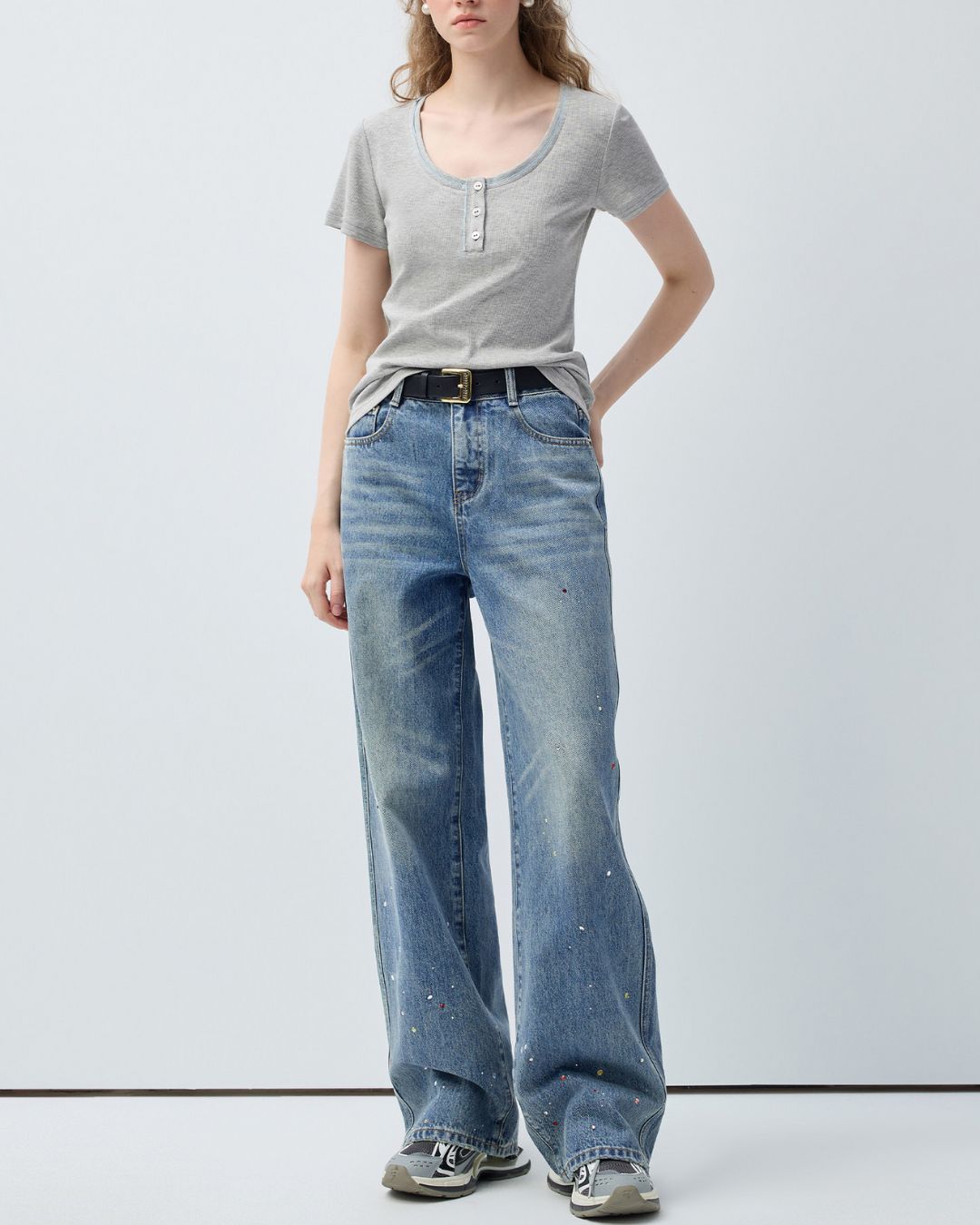 Rainbow Rhinestone Wash Denim Pants　DP014