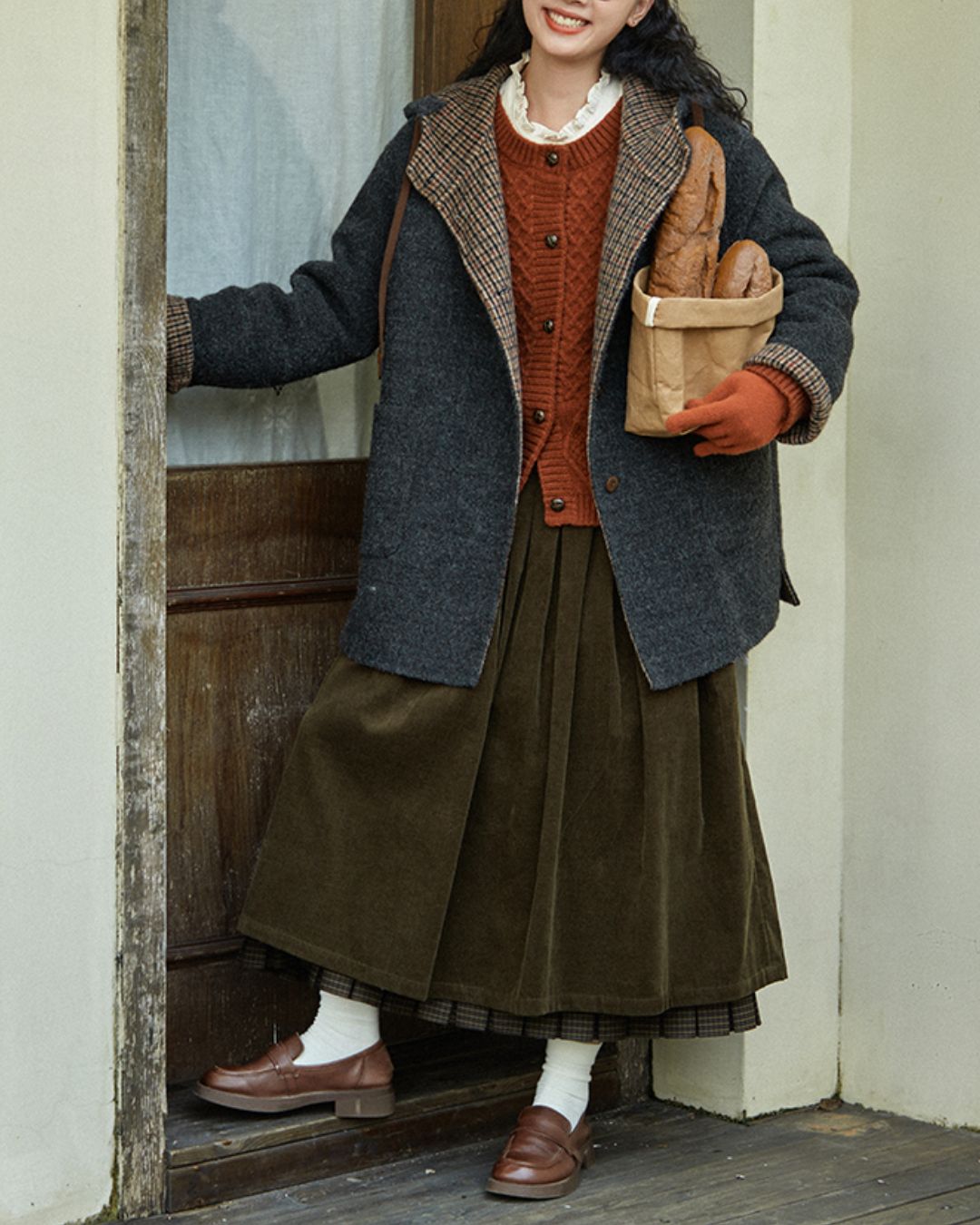 Checked Lined Wool Hooded Coat　CT017