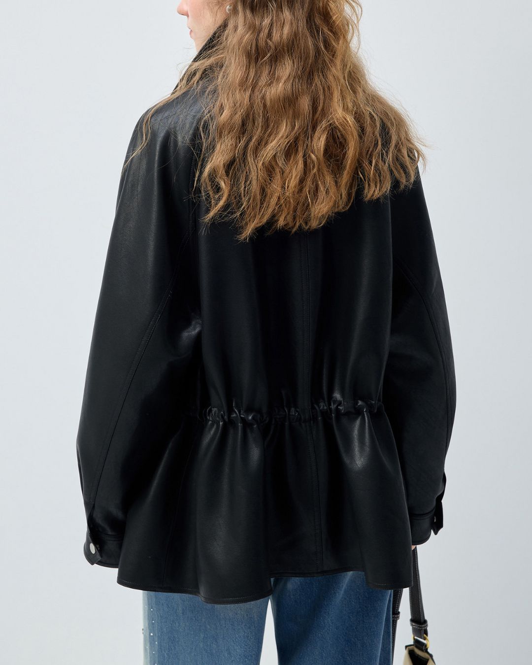 Drawstring Waist Mid-length Leather Jacket　JK086