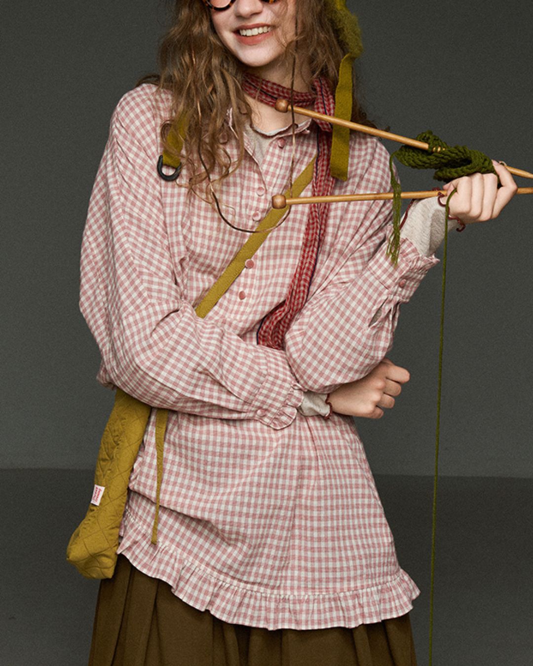 Pink Checked Ruffle Shirt　LS027