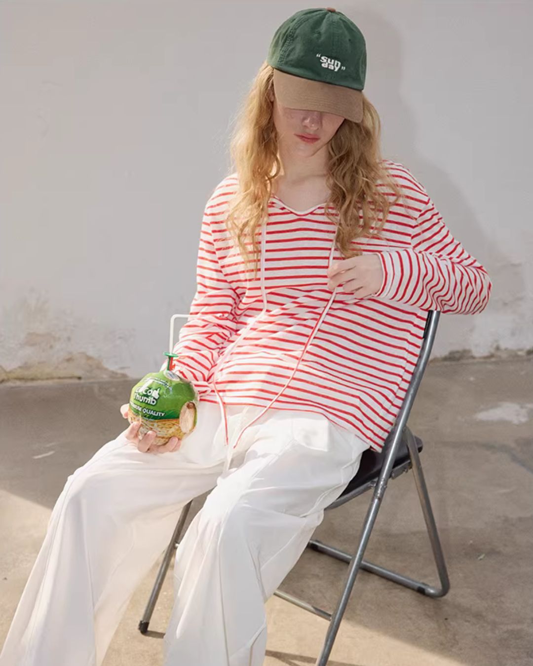 Drawstring V-neck Border T-shirt　LT027