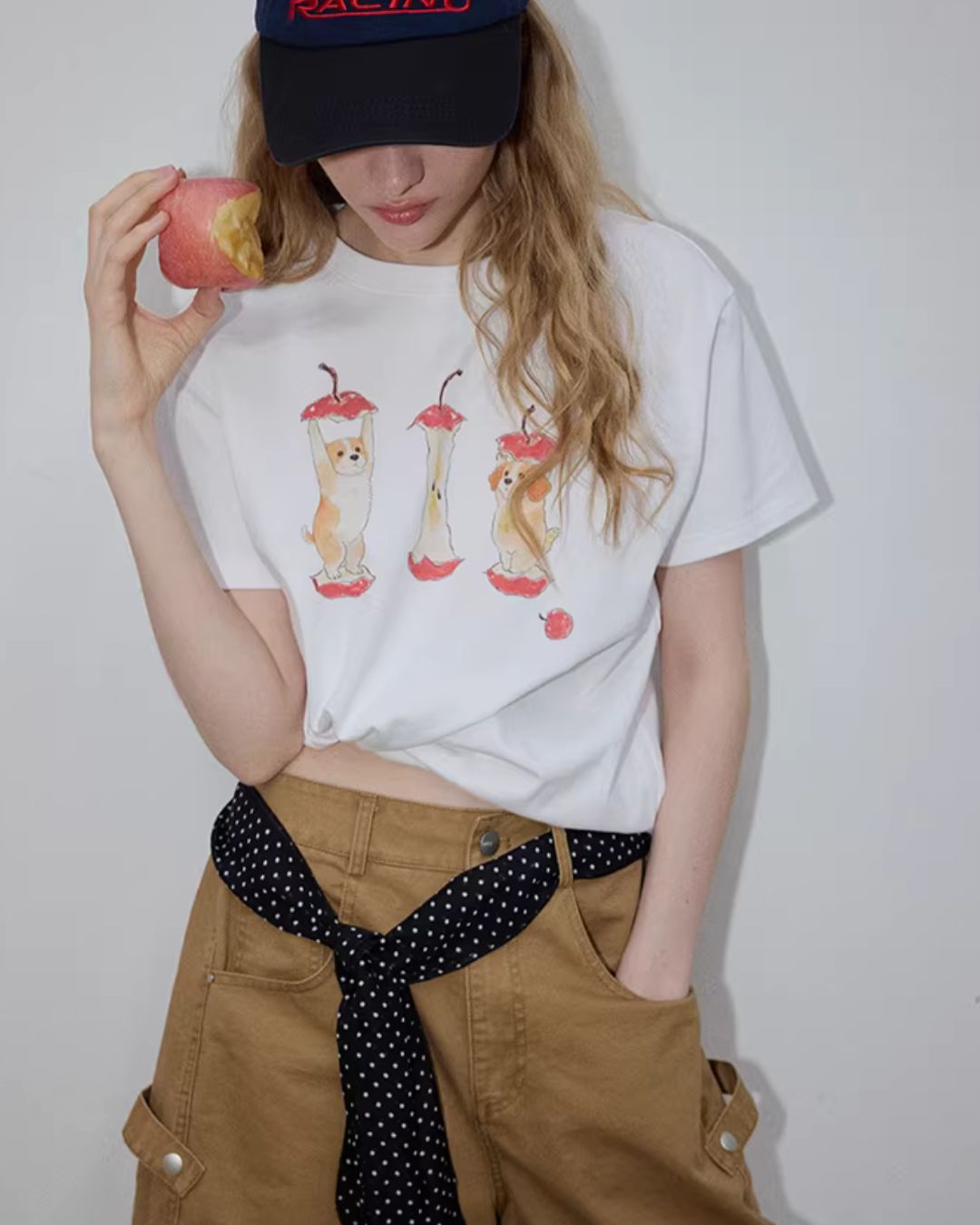 Puppy & Apple Print T-Shirt　ST006