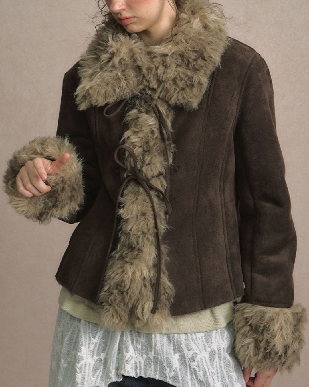 Ribbon-tied Fur Suede Jacket　JK066
