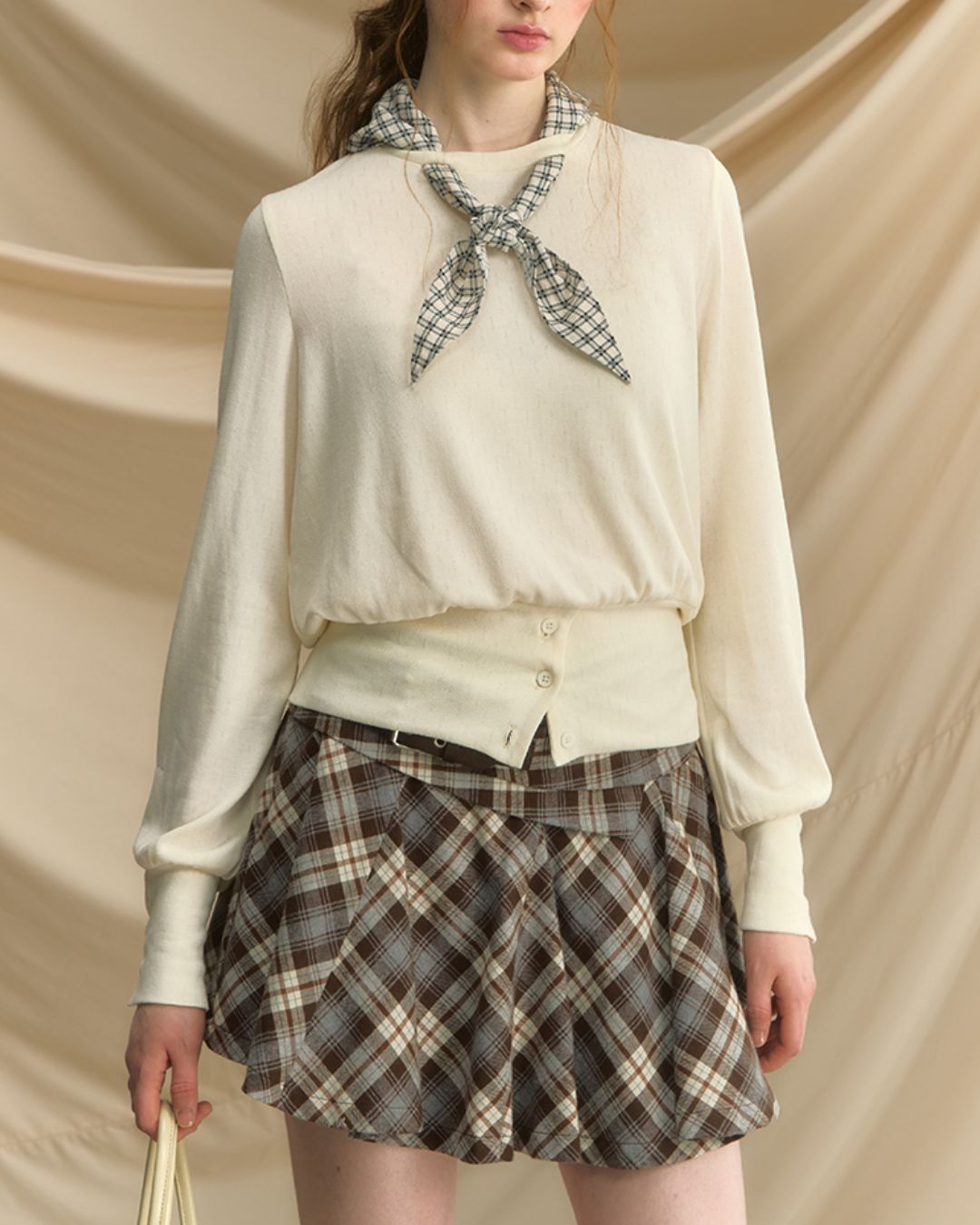 Checkered Scarf Buttoned Top　LT005