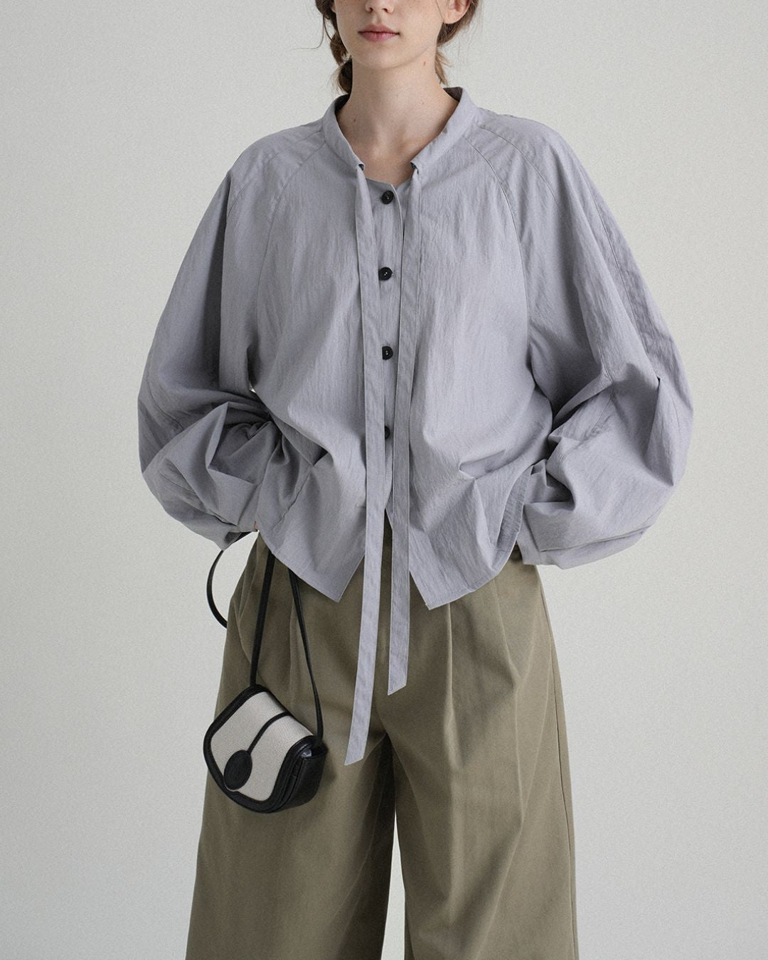 Pleated Raglan Bow Tie Shirt　LS021