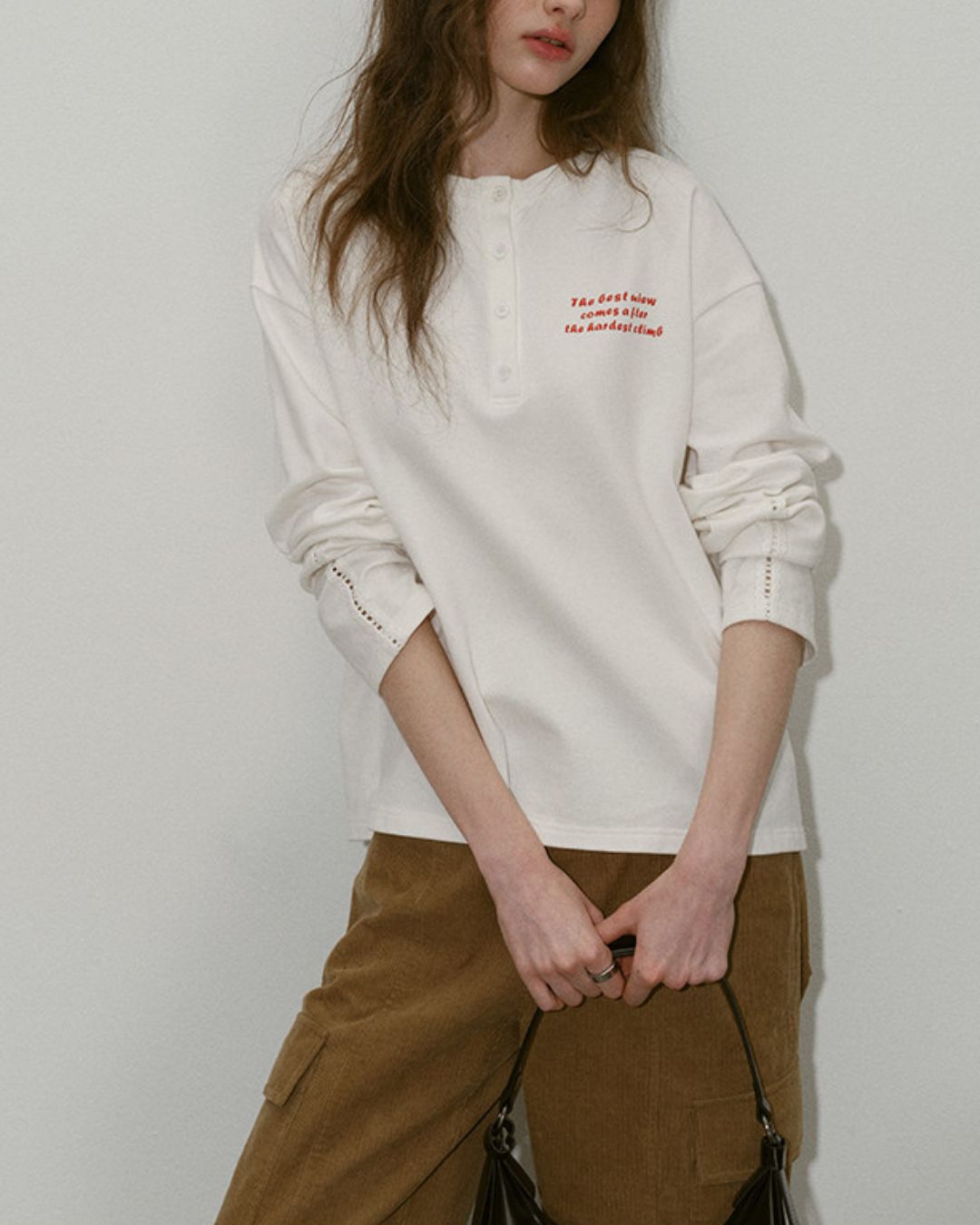 Printed Logo Sleeve Lace Henley Neck T-shirt　LT019
