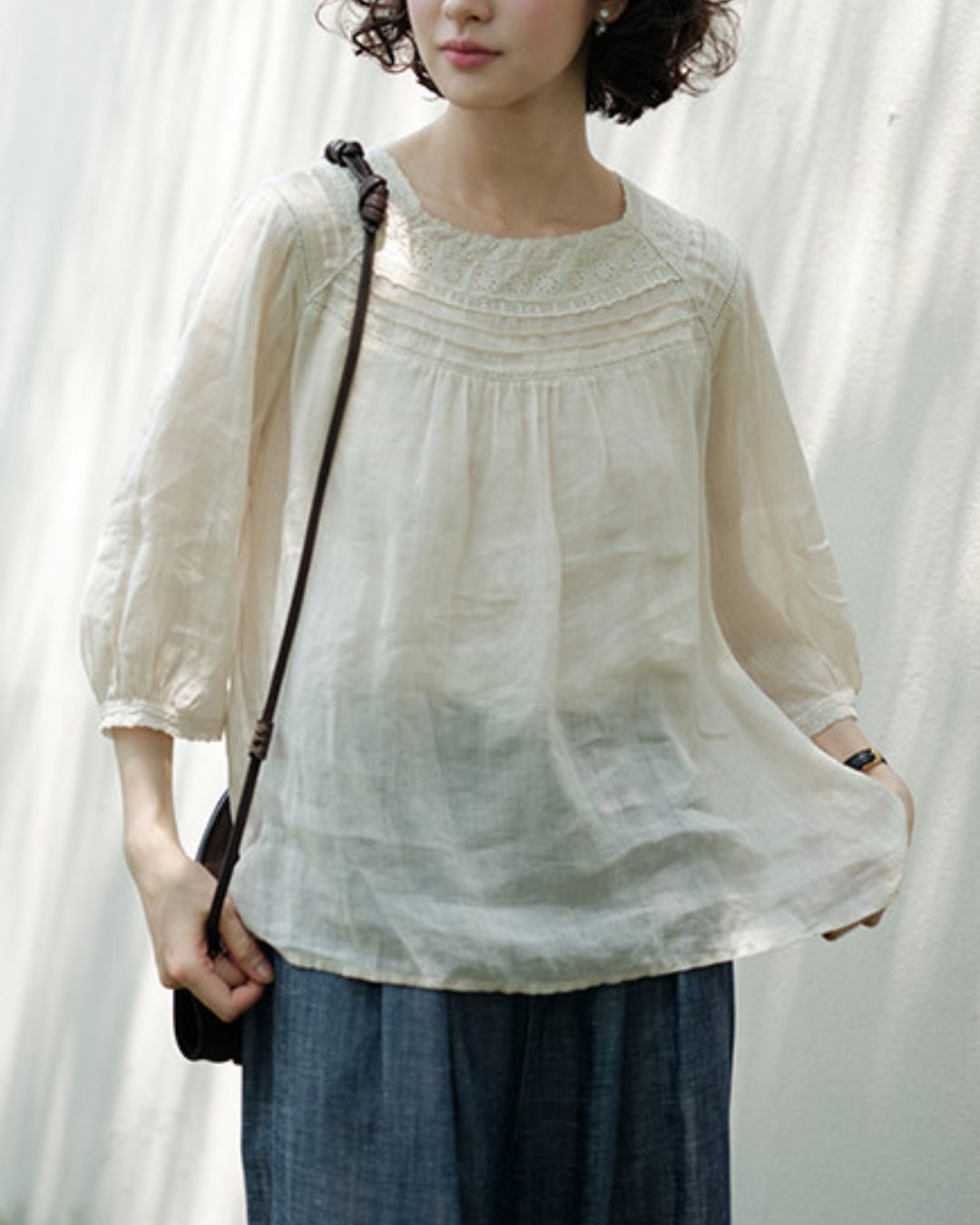 Lace Square Neck Ramie Shirt　LS062
