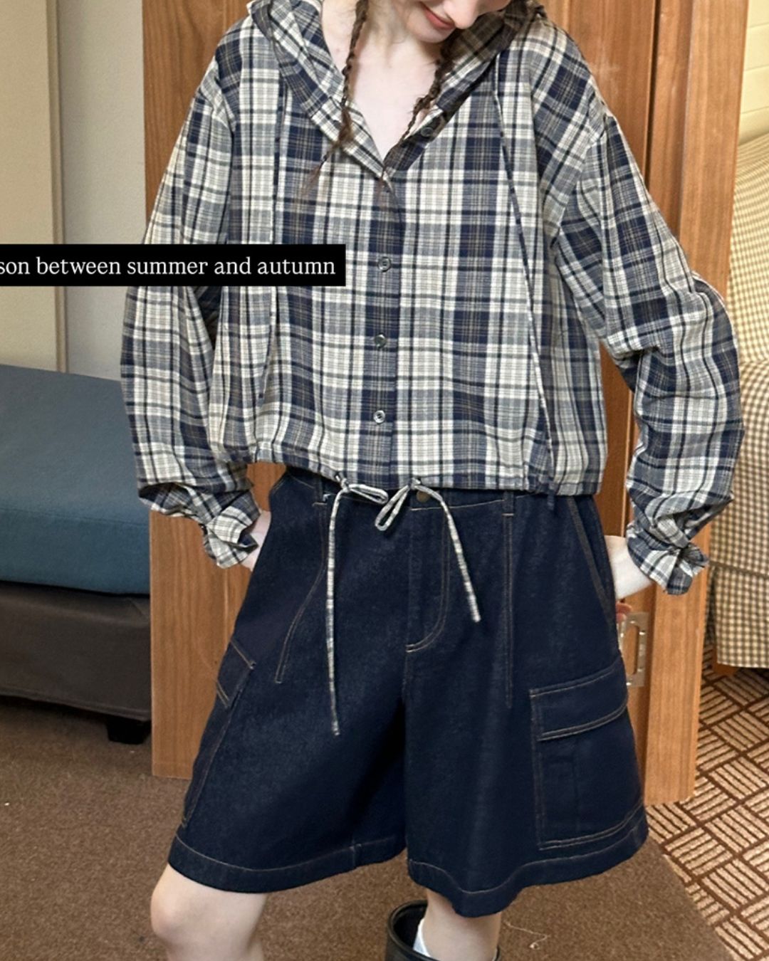 Hooded Drawstring Checked Shirt　LS018